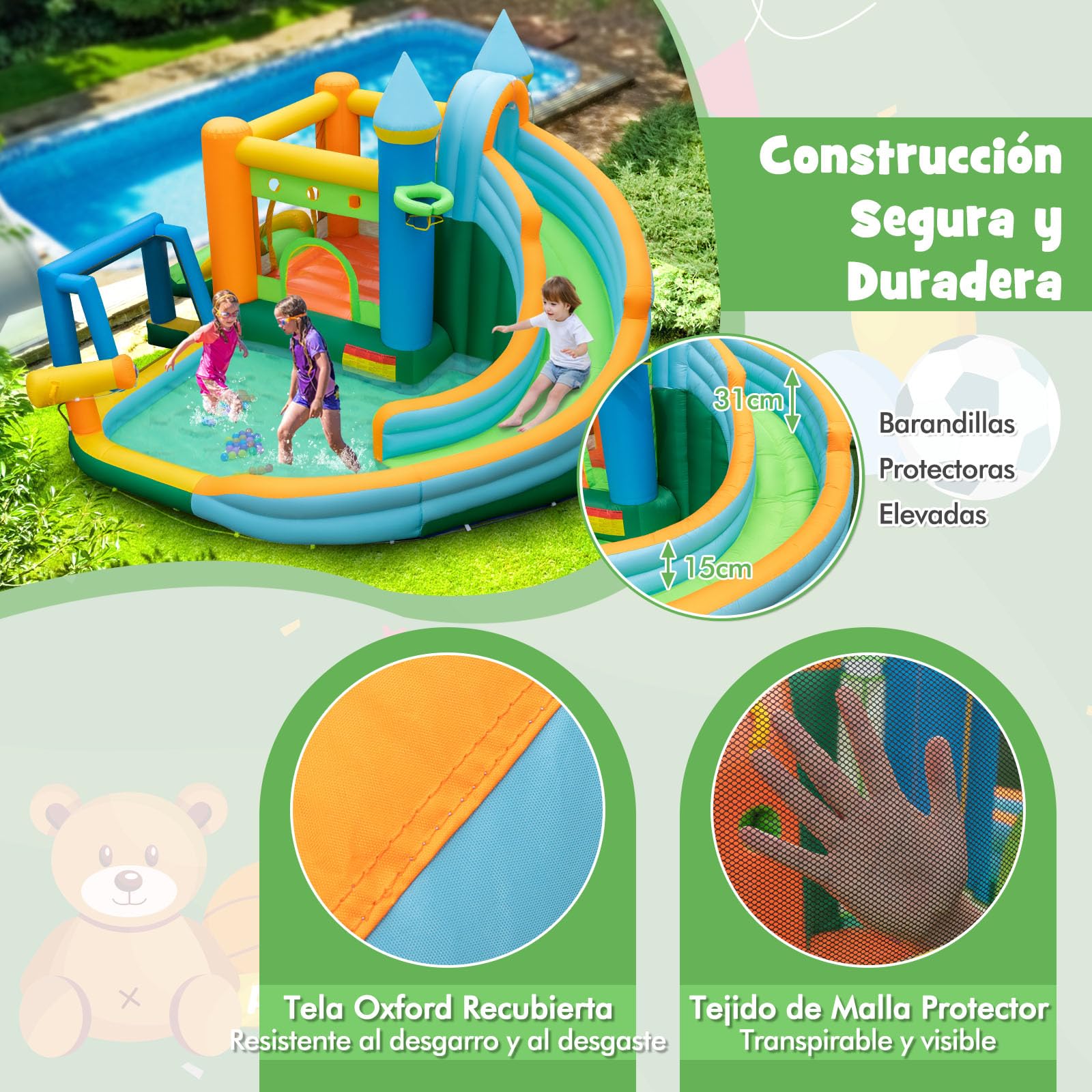 GOPLUS Castillo Hinchable Acuatico para Niños de 3-12 Años, Castillo Inflable 2 en 1 con Pared de Escalada, Cañón de Agua, Piscina, Baloncesto y Tobogán, Casa Inflables Infantil (A Sin Soplador)
