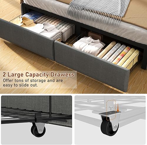 Miniatura 5 de SADENICEL Base de cama Queen con cabecera de almacenamiento y 2 cajones, plataforma de base de cama de metal tamaño Queen con luz LED, estación de