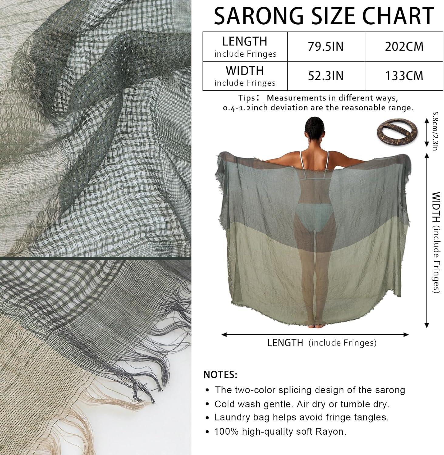 Women's Stylish Sheer Sarong Beach Bikini Bathing Suit Swimsuit Scarf Swimwear Cover-Up Pareo Wraps with Clasp - Image 5