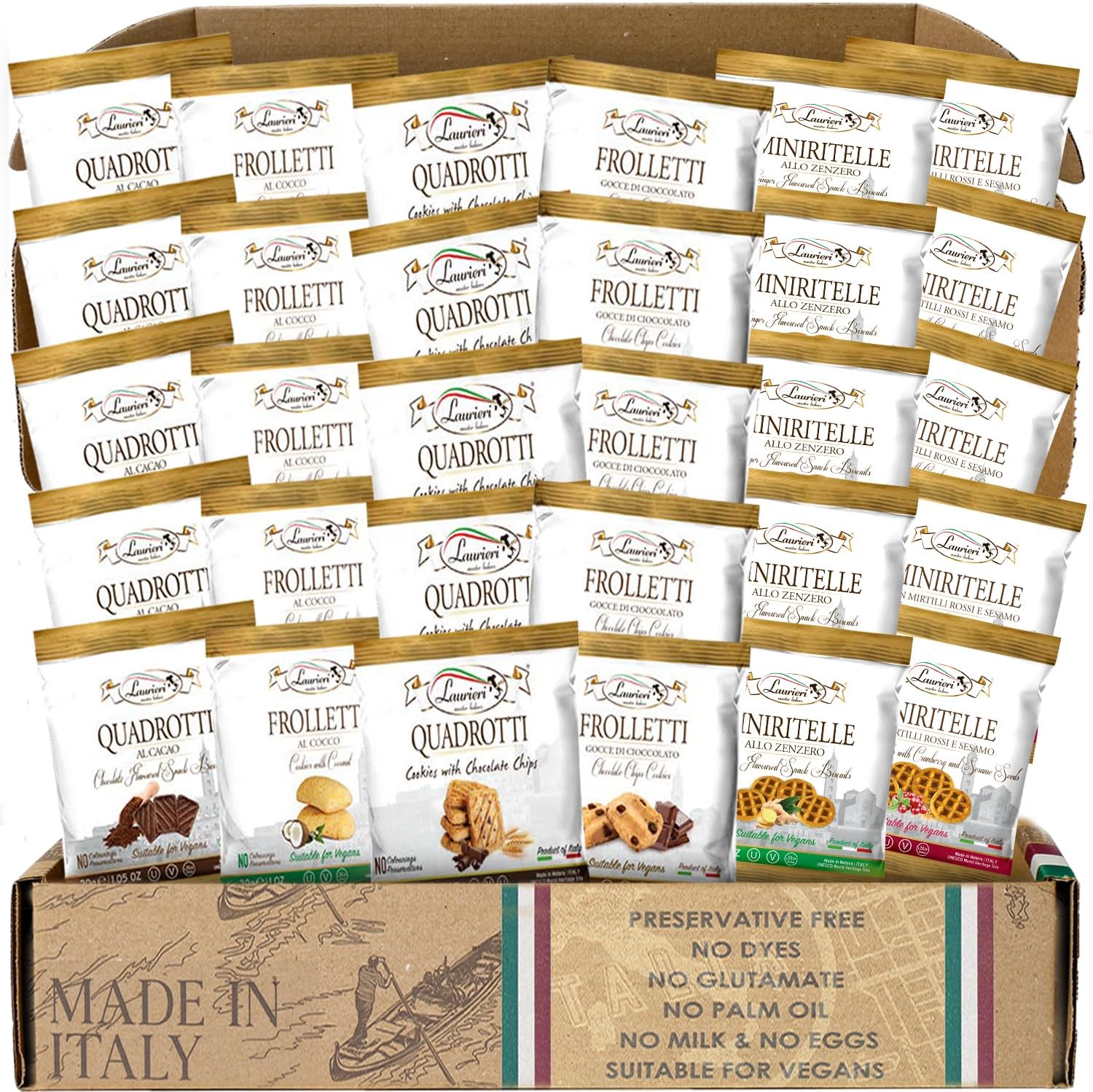 Cookies Variety Pack - Shortbread Cookie Gift Box - Assortment of 30 Packs - Gourmet Italian Cookies Individually Wrapped - Tea Cookies - Chocolate, Chocolate Chips, Coconut, Cranberry & Sesame, Ginger & Cinnamon - Kosher, Vegan