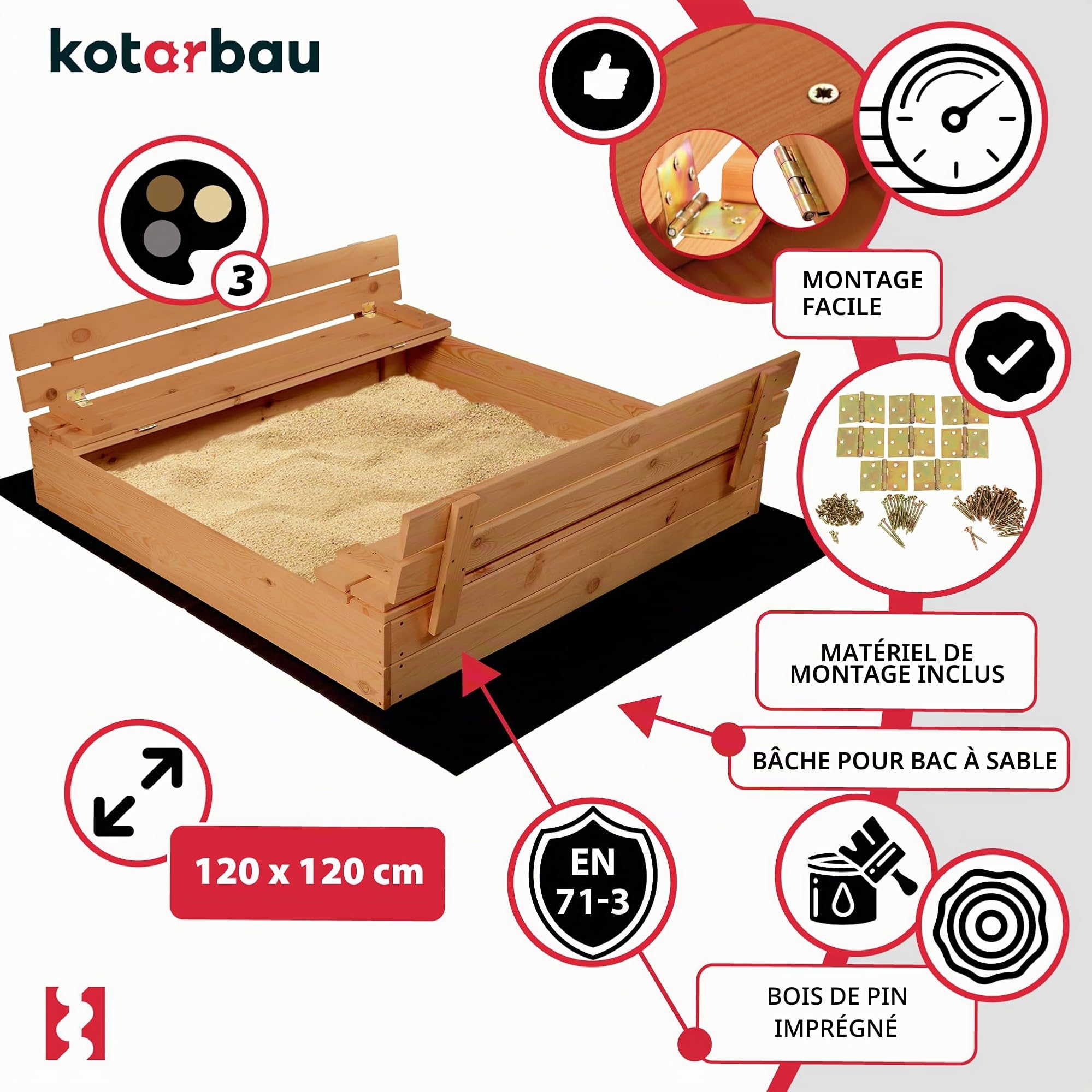 KOTARBAU® Bac à Sable Enfant Extérieur - Bois - 120 x 120 cm - Marron - avec Couvercle et Bancs - Bac à Sable Refermable - Imprégné - avec Tissu Anti-Mauvaises Herbes