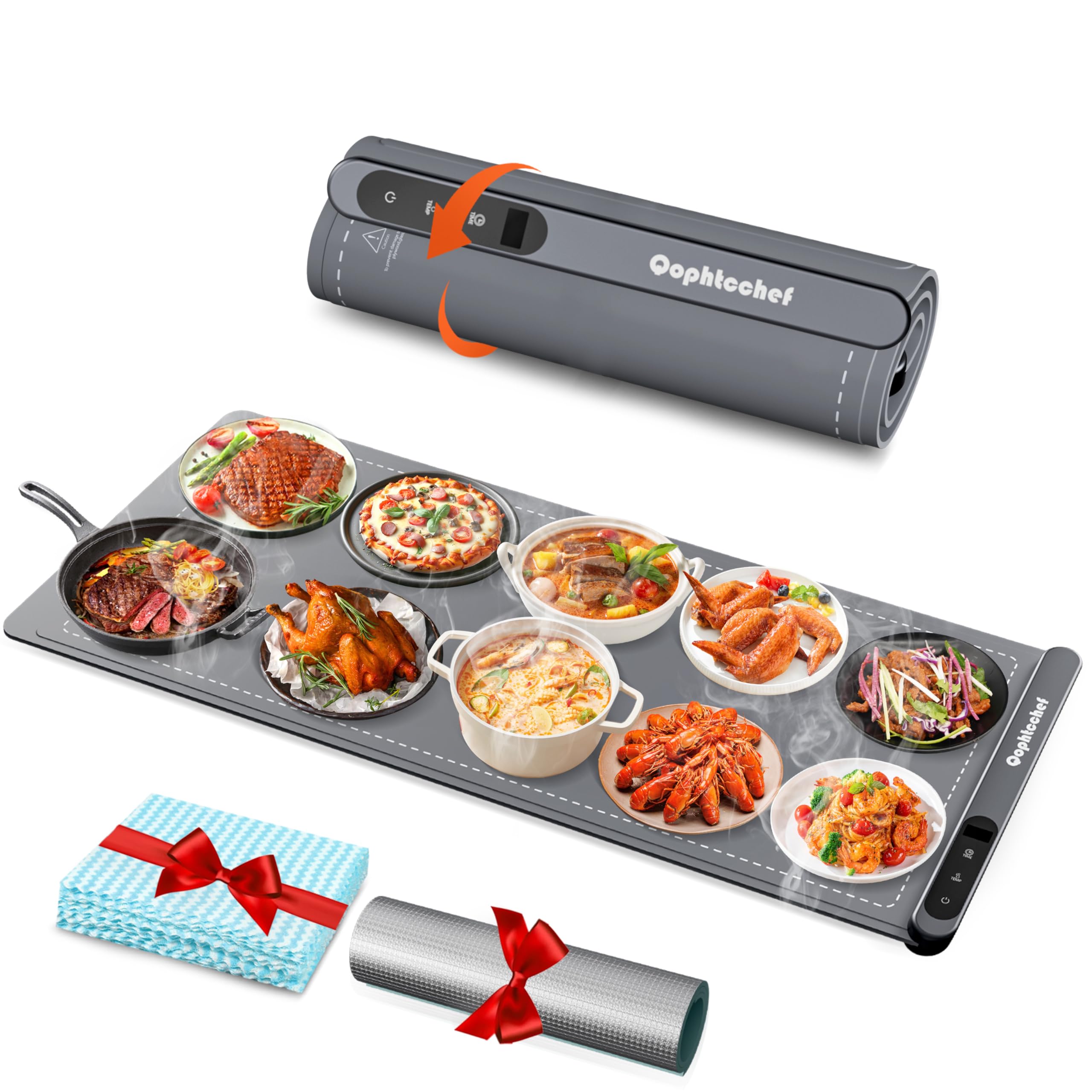 Qophtcchef Extra Large Warming Mat for Food, Food Warming Mat with 7 Temperature Settings & 12-Hour Timer, Upgrade High-Tech Graphene Rollable Heating Mat for Parties Buffet, Everyday Use (Dark Gray)