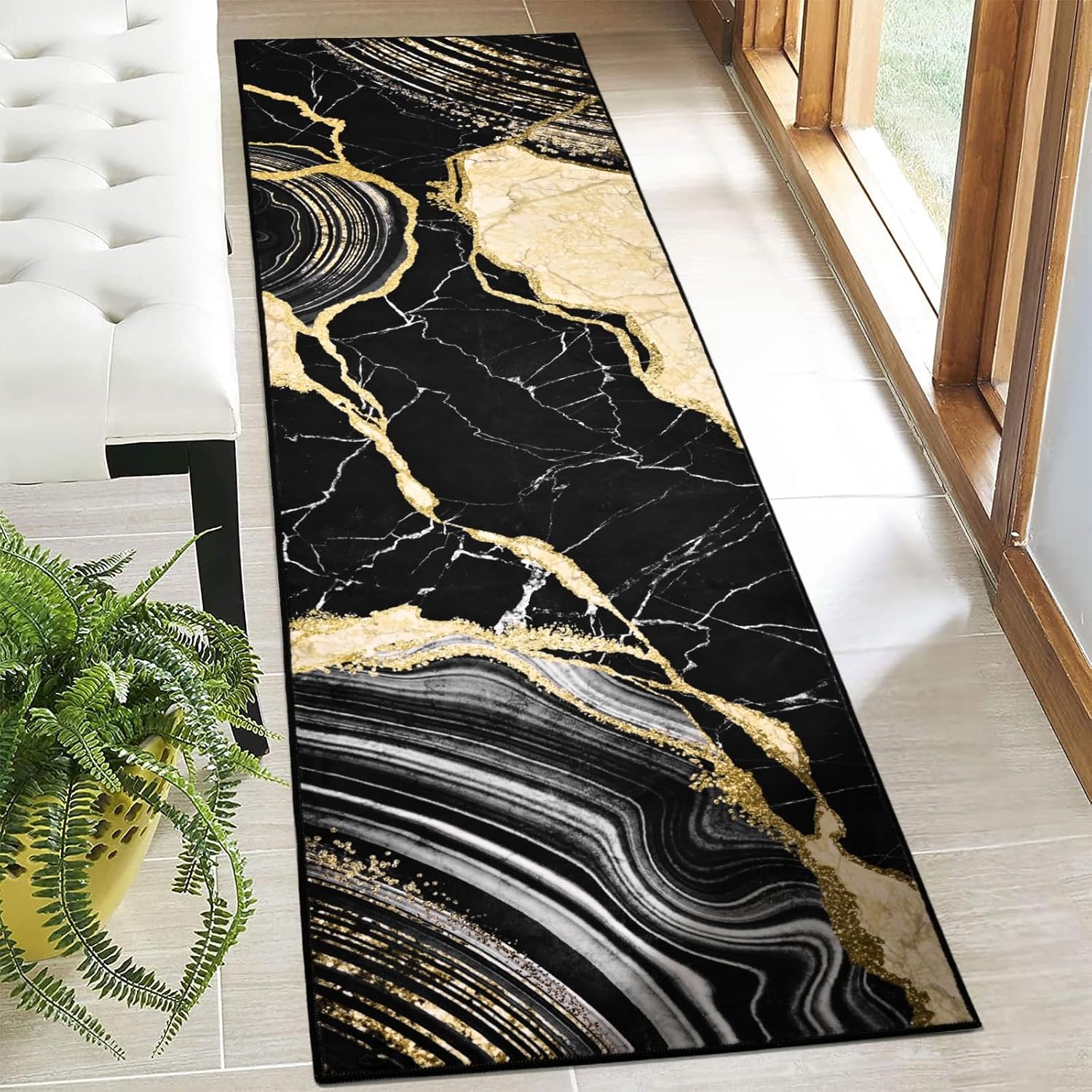 ASPMIZ Black and Gold Runner Rug 2x7, Marble Runners for Hallways Non Slip, Soft Faux Wool Washable Hall Carpet Runner, Modern Floor Runners for Entryway Kitchen Indoor Hallway Area Rug Low Profile