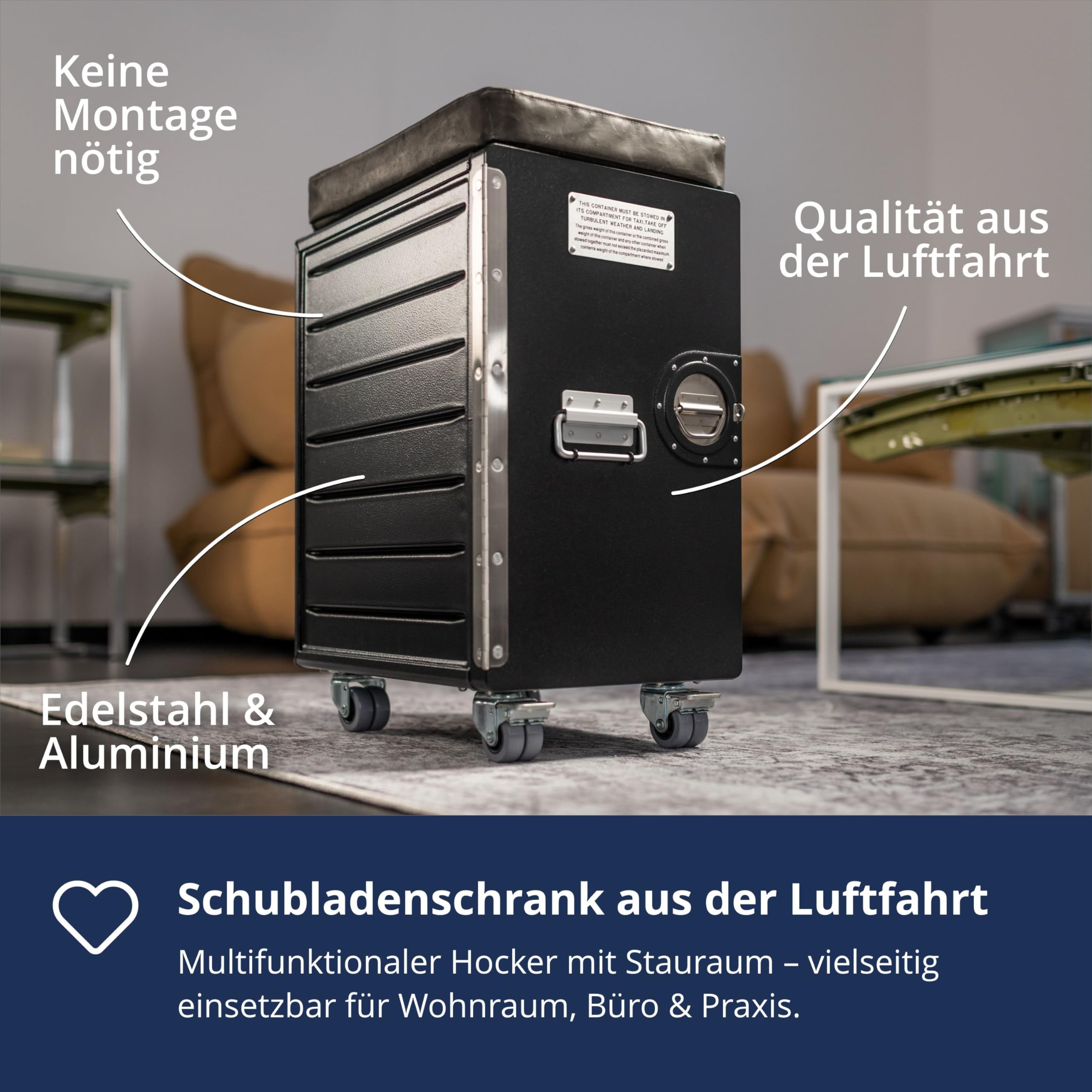 Hocker Schubladenschrank, Rollcontainer, Metallschrank, Büroschrank, Industrial Möbel, Aktenschrank abschliessbar, vormontiert, 59,1 x 29,5 x 40,7, Bord Box XL, Schwarz