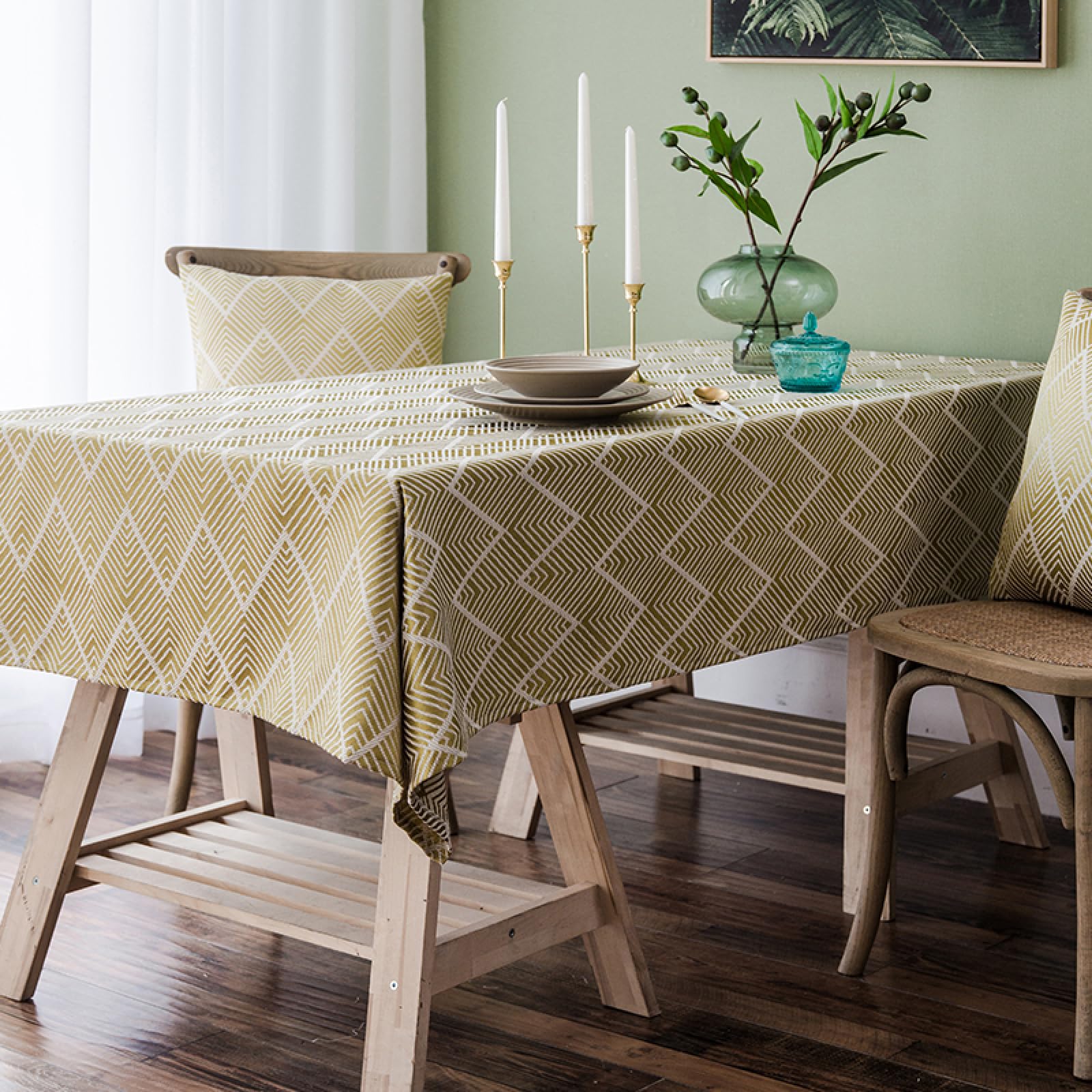 Nappes Toile Cirée Rectangulaire Coton Résistant À l'usure Nappe Rayure Imperméable et Anti Taches Jaune 140 × 220cm