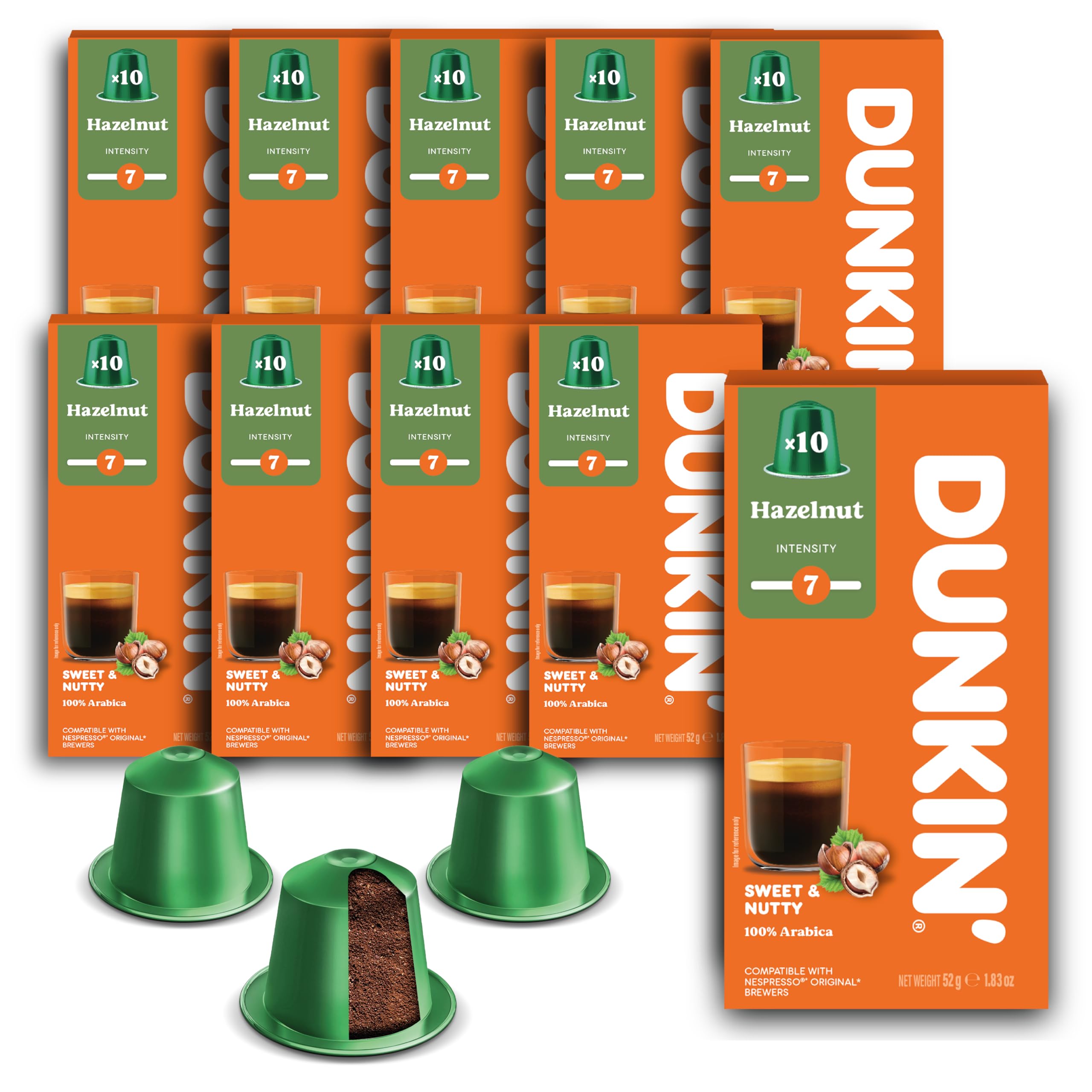 Dunkin’ Donuts Noisette – 100 kapsułek kawy kompatybilnych z Nespresso – 100% Arabica – Ciemne, mocne i pełne palenie – Klasyczne espresso z nutą orzecha laskowego