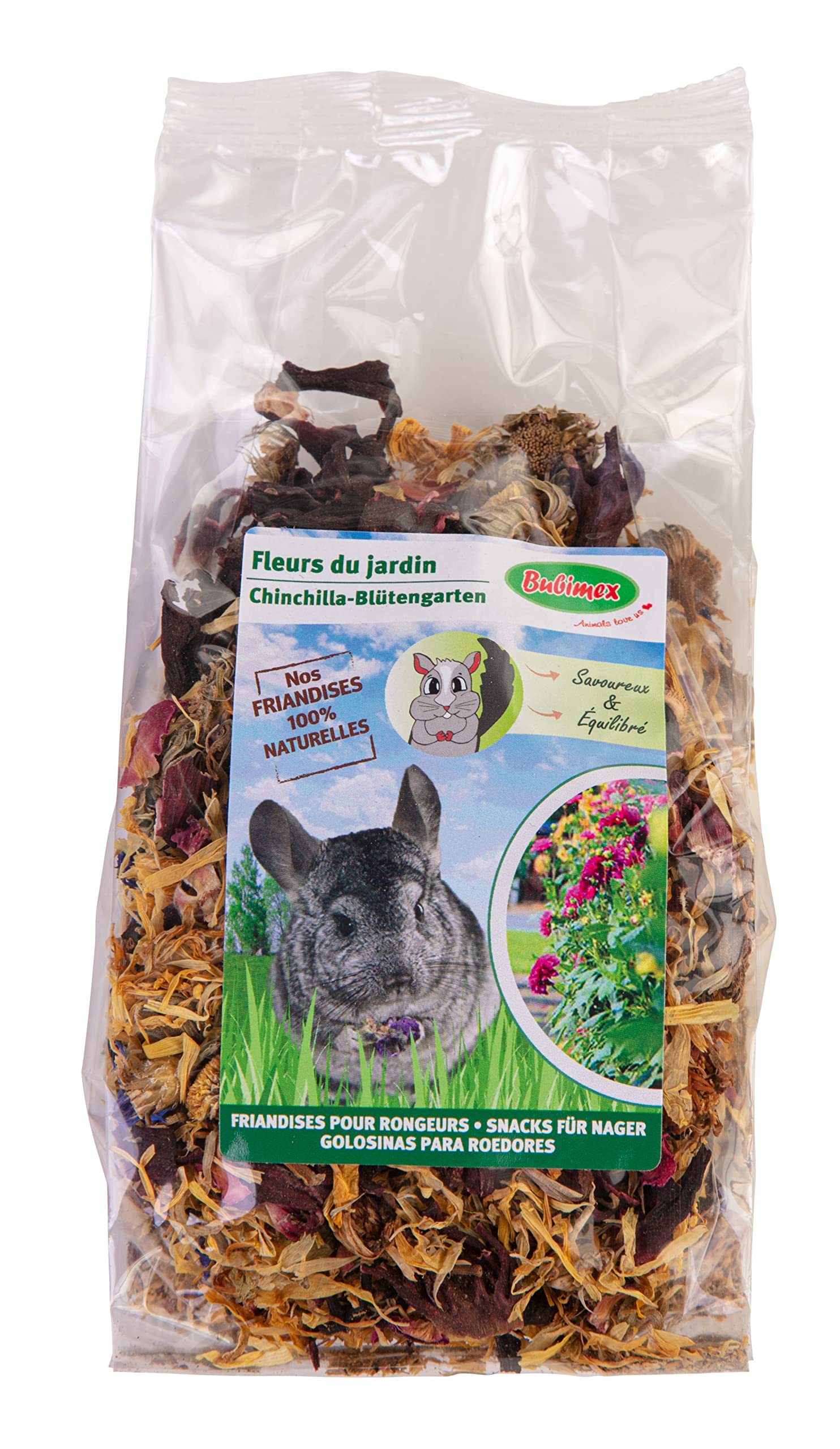 Bubimex - Fleurs du Jardin - Friandise pour Chinchilla, Lapins, et Autres Rongeurs - Light et 100% Naturel - Aliment Riche en Fibres et Faible en Calories - Renforce Santé et Immunité - Lot de 4 x 50g