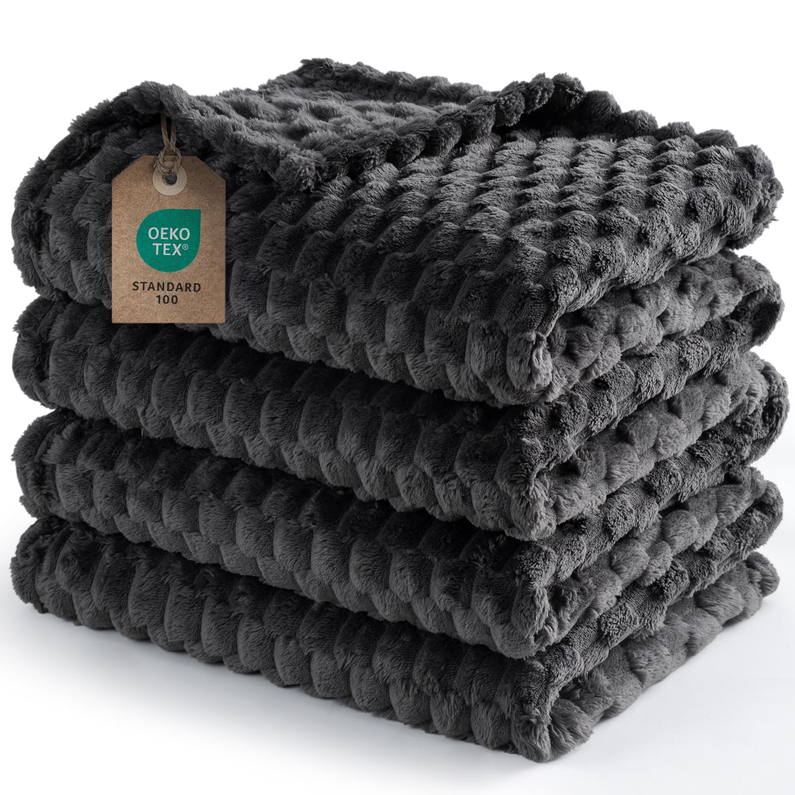 PHF Fleece Blanket King Size 229x229cm, No Shedding No Pilling Soft Lightweight 3D Jacquard Sherpa Fleece Throw Blanket for Bed, Fluffy Cozy All Season King Blanket, Dark Grey