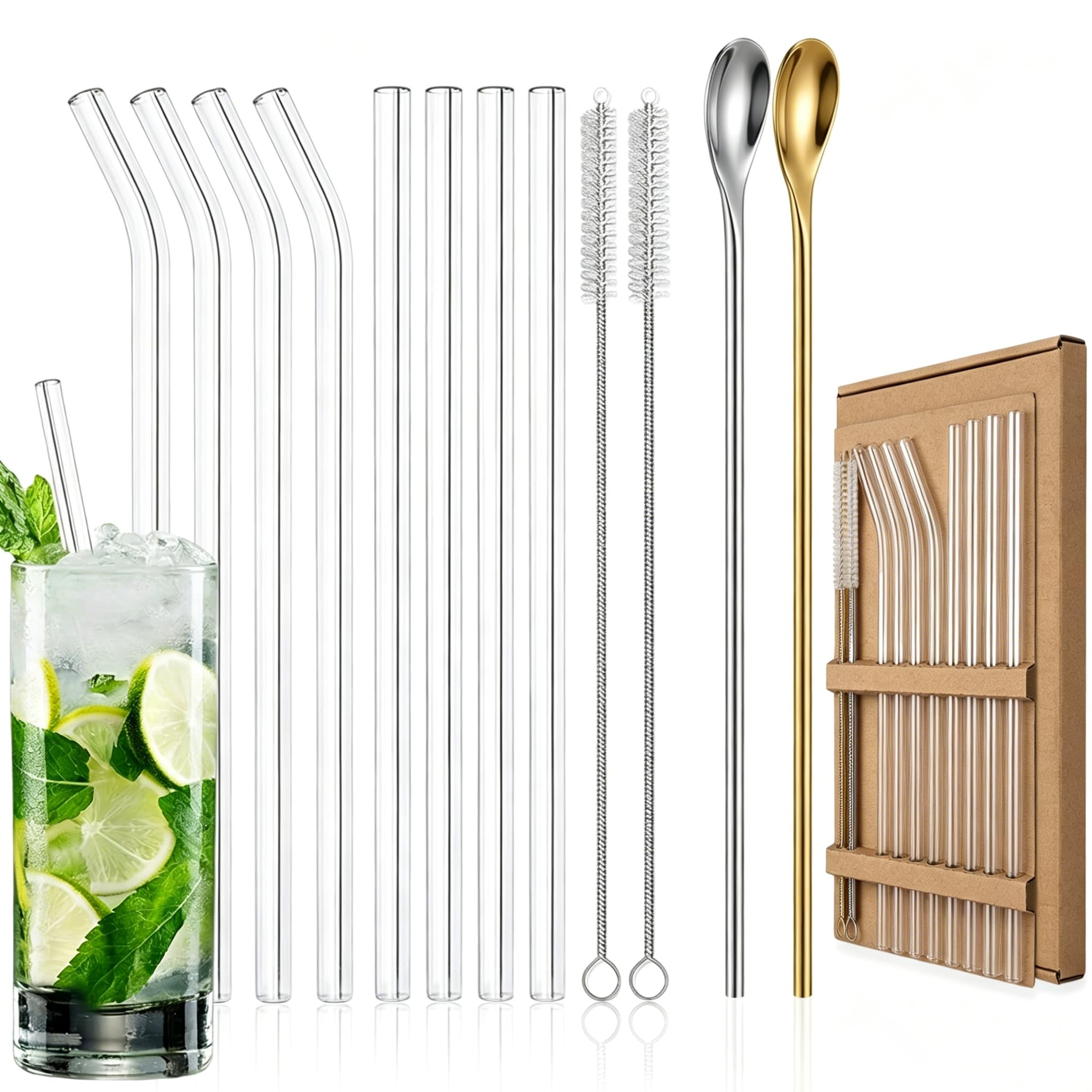 12 Pack Reusable Glass Straws Set for Cocktails, Cold Drinks & Home Parties