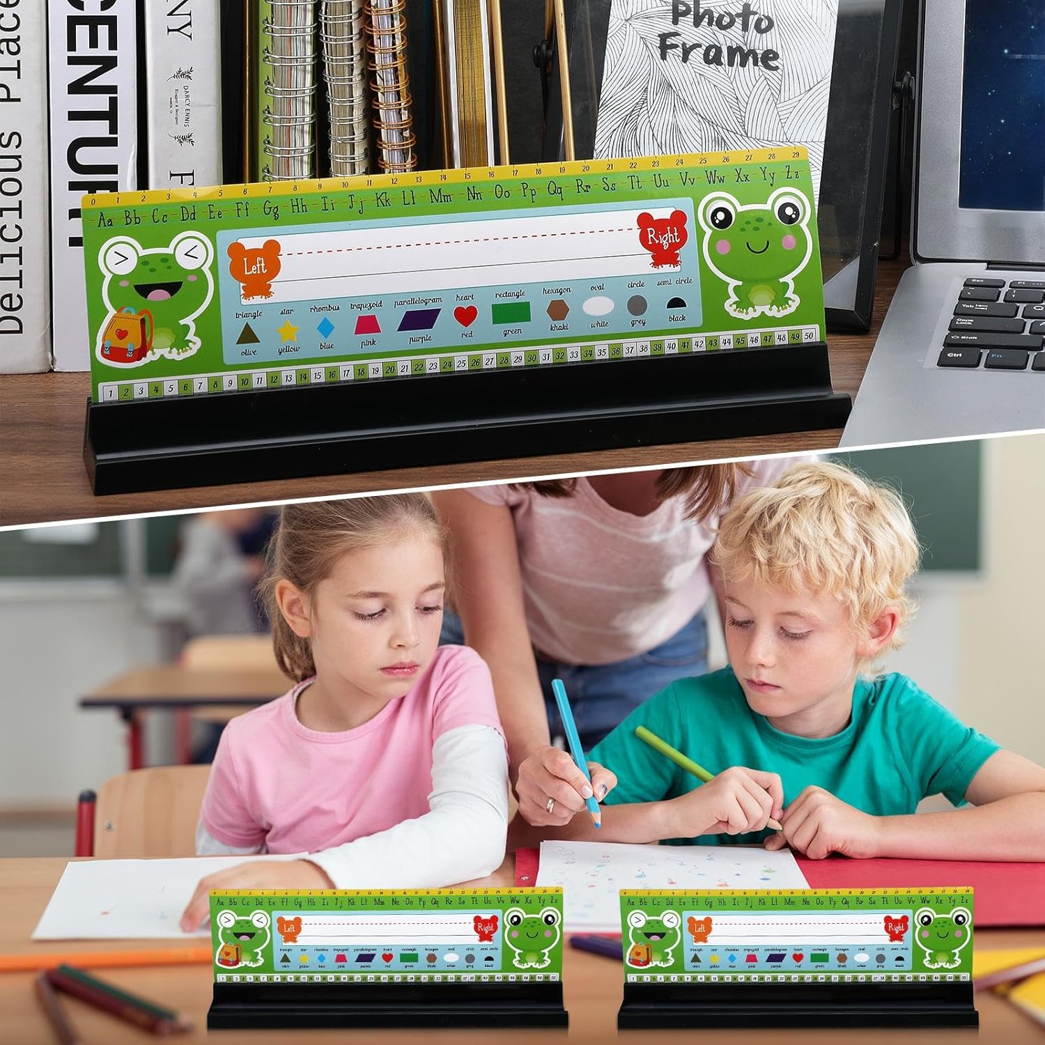 Teling 6 Pieces Name Plates Holder for Desk Self Adhesive and Removable Nameplate Stand with Pen Holder Black Plastic Name Tag Display with Adhesive Grip for Classroom School,1.5 x 12 x 1 Inch
