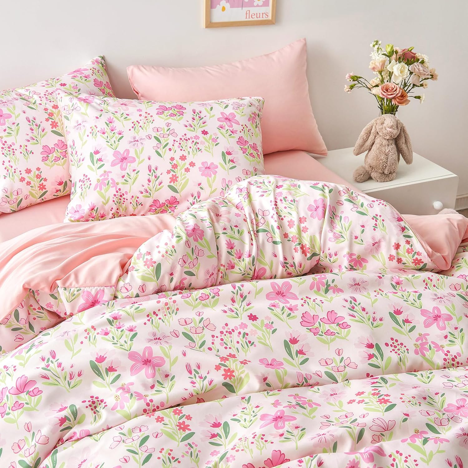 Wake In Cloud - Floral Comforter Set, Botanical Flower Cottagecore Shabby Chic Aesthetic for Women Teen Girls, Soft Lightweight Dorm Bedding, 3 Pieces, Light Pink, Full Size - Image 6