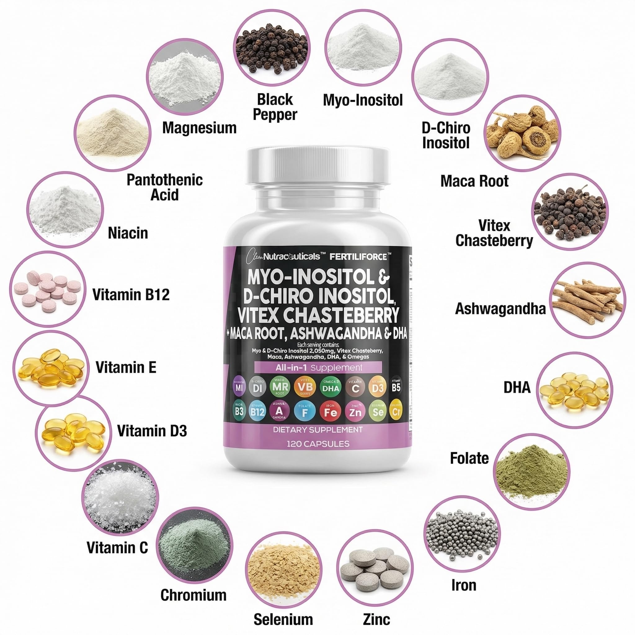 Clean Nutraceuticals Myo-Inositol & D-Chiro Inositol 2050mg Fertility Supplement 40:1 Ratio - Prenatal Vitamins for Women with Ashwagandha Maca Root Vitex Chasteberry Iron DHA Folic Acid DIM Zinc (1) — Amazon image 4