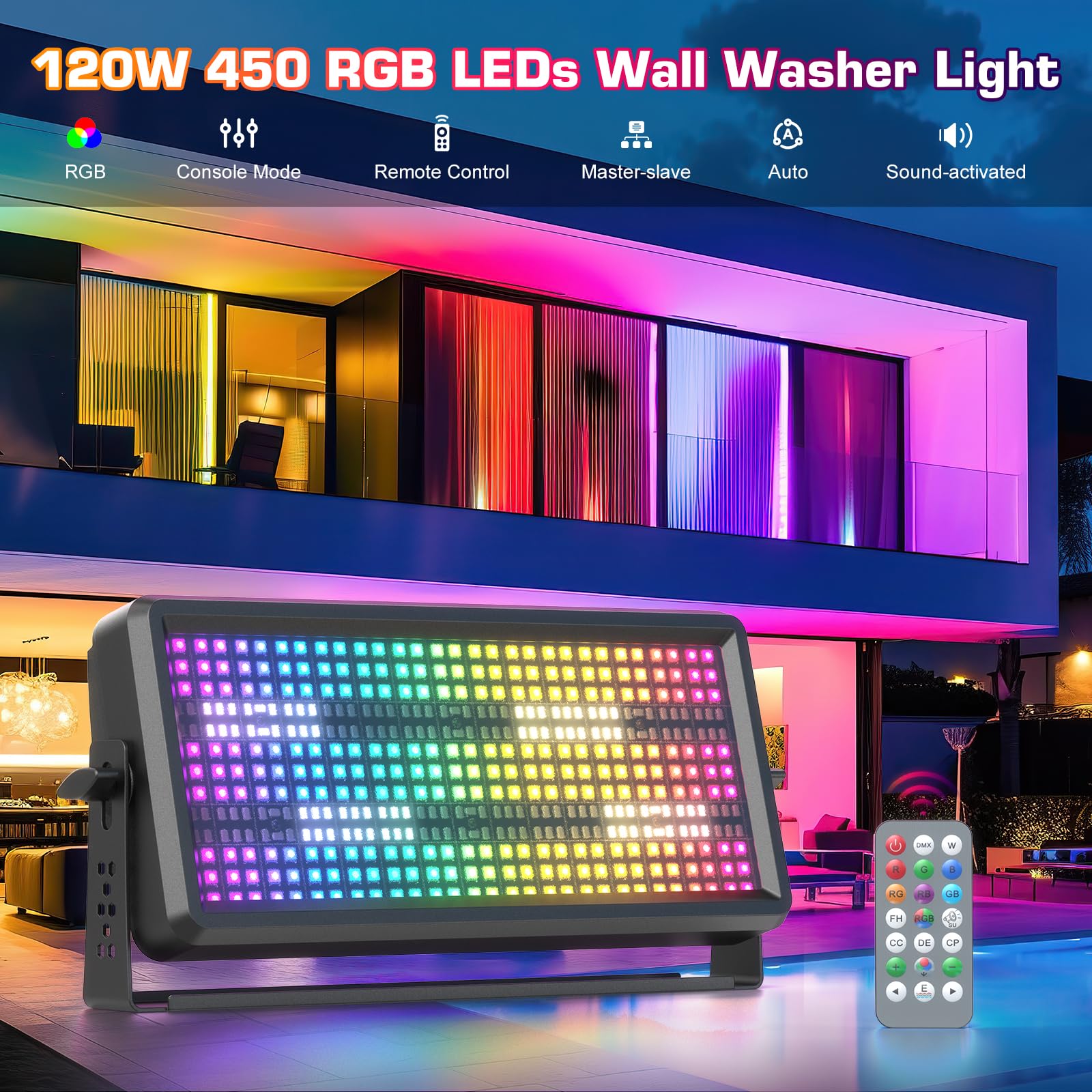 2PCS 120W LED Wallwasher Strobo Luce da Palco,Proiettore LED RGBW 4in1 Luci Discoteca con Telecomando,LED Stroboscopio Effetto Faretto Barra Luminosa per DJ Bar,Disco,Natale,Halloween,Feste,Matrimoni