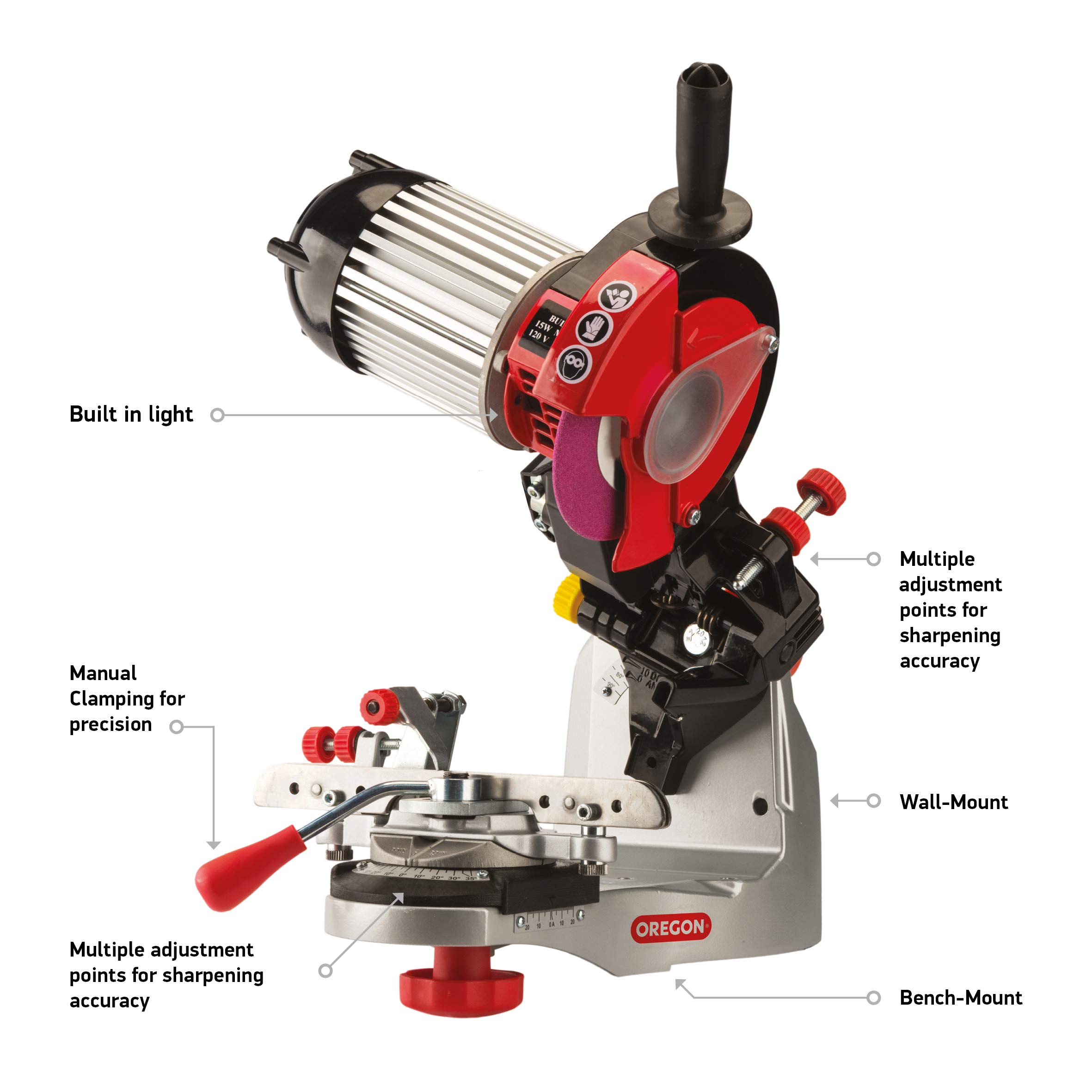Oregon Professional 230 Volt Sägeketten-Schleifmaschine, Universeller Sägekettenschärfer, für Alle Kettensägen-Ketten, Kettensäge Schärfen (520-230), Grau, Schwarz, Rot