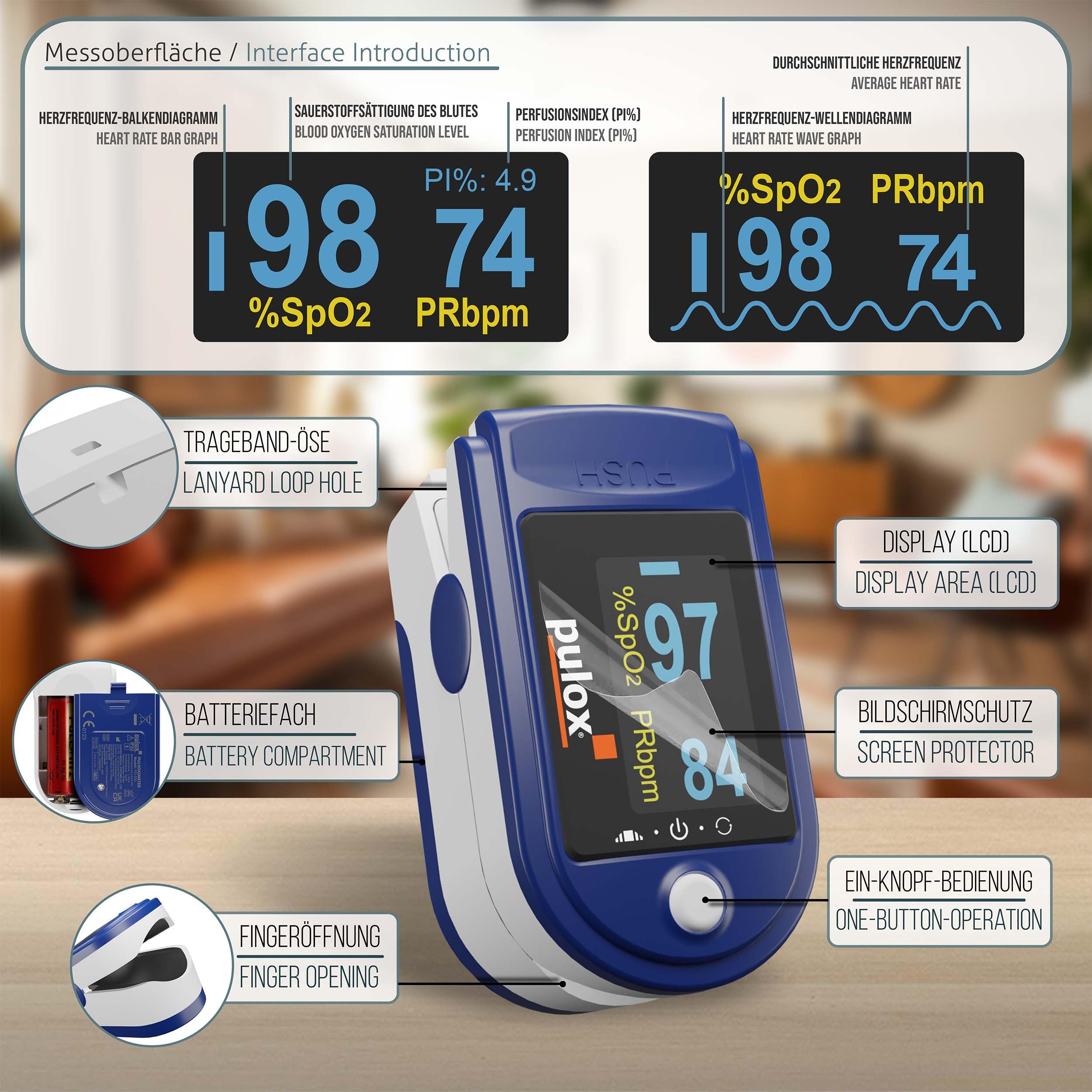 Pulox PO-200 Pulsoximeter Set Blau Messung von SpO2, Puls & PI am Finger | Inklusive Zubehör-Kit, mobiles Messen von Sauerstoffsättigung, Pulsrate und Perfusionsindex
