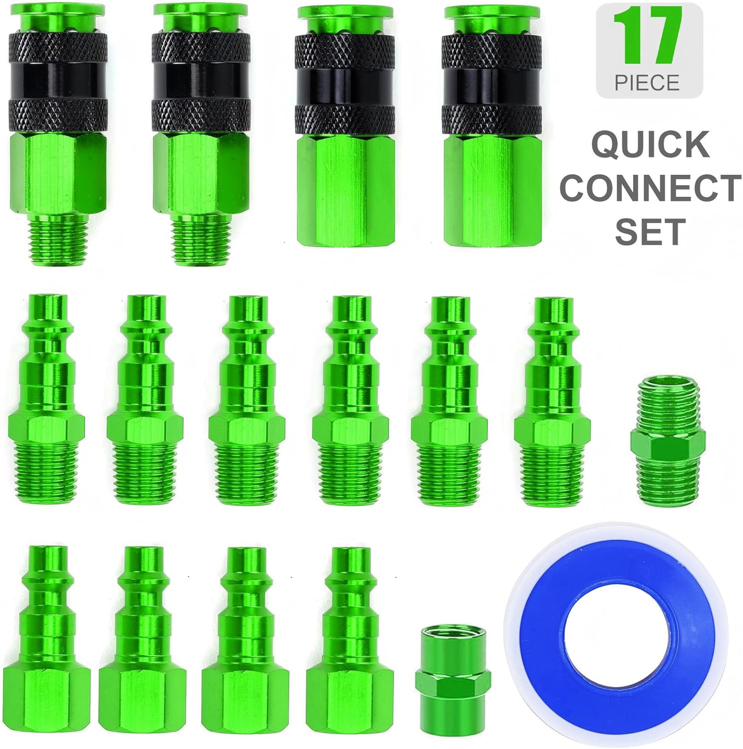 17 Pieces Aluminum Air Fittings, 1/4" NPT Air Coupler and Plug Kit, Industrial Quick Connector Set, Air Compressor Accessories, Green