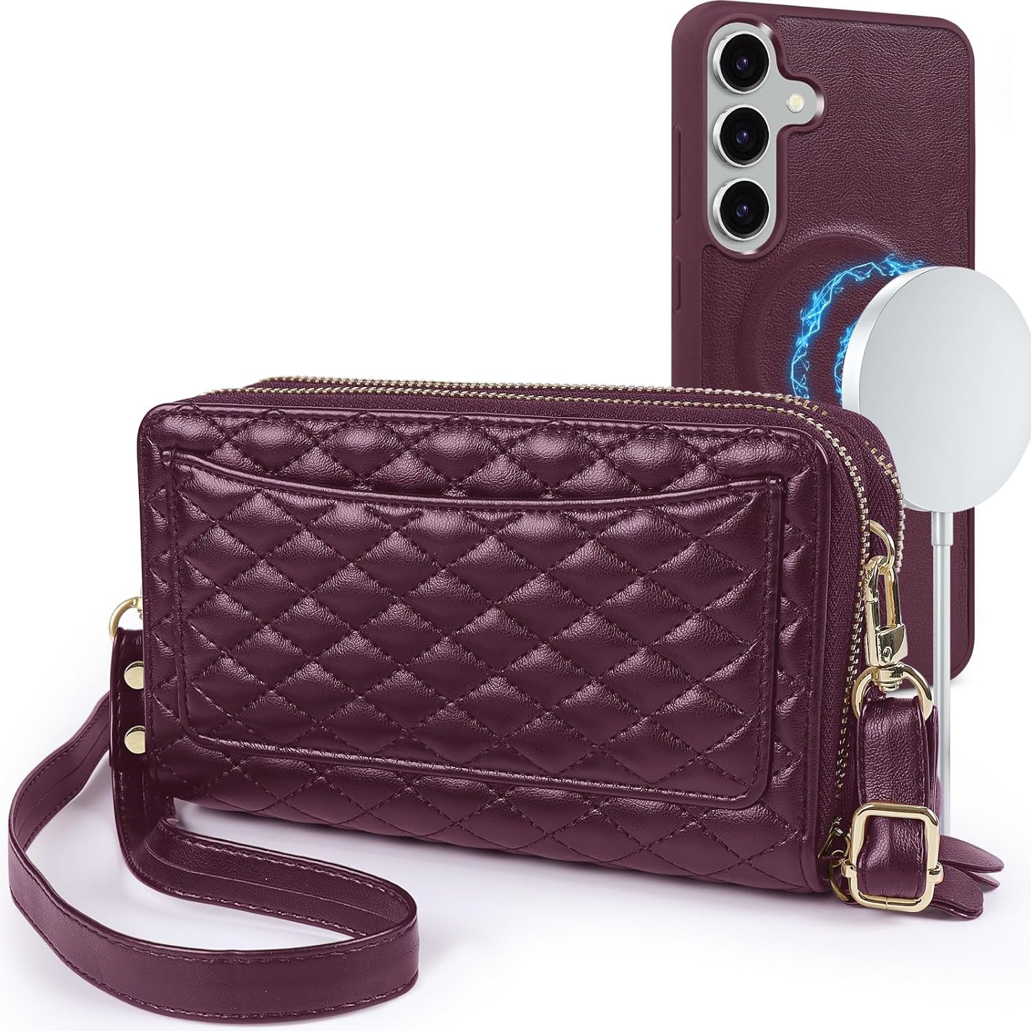 Harryshell Compatible with Samsung Galaxy S25+ Plus Case Wallet Multi Zipper Detachable Removable Cover Purse with Card Slots Holder Mirror Crossbody Strap (Compatible with Magsafe- Quilted Burgundy)
