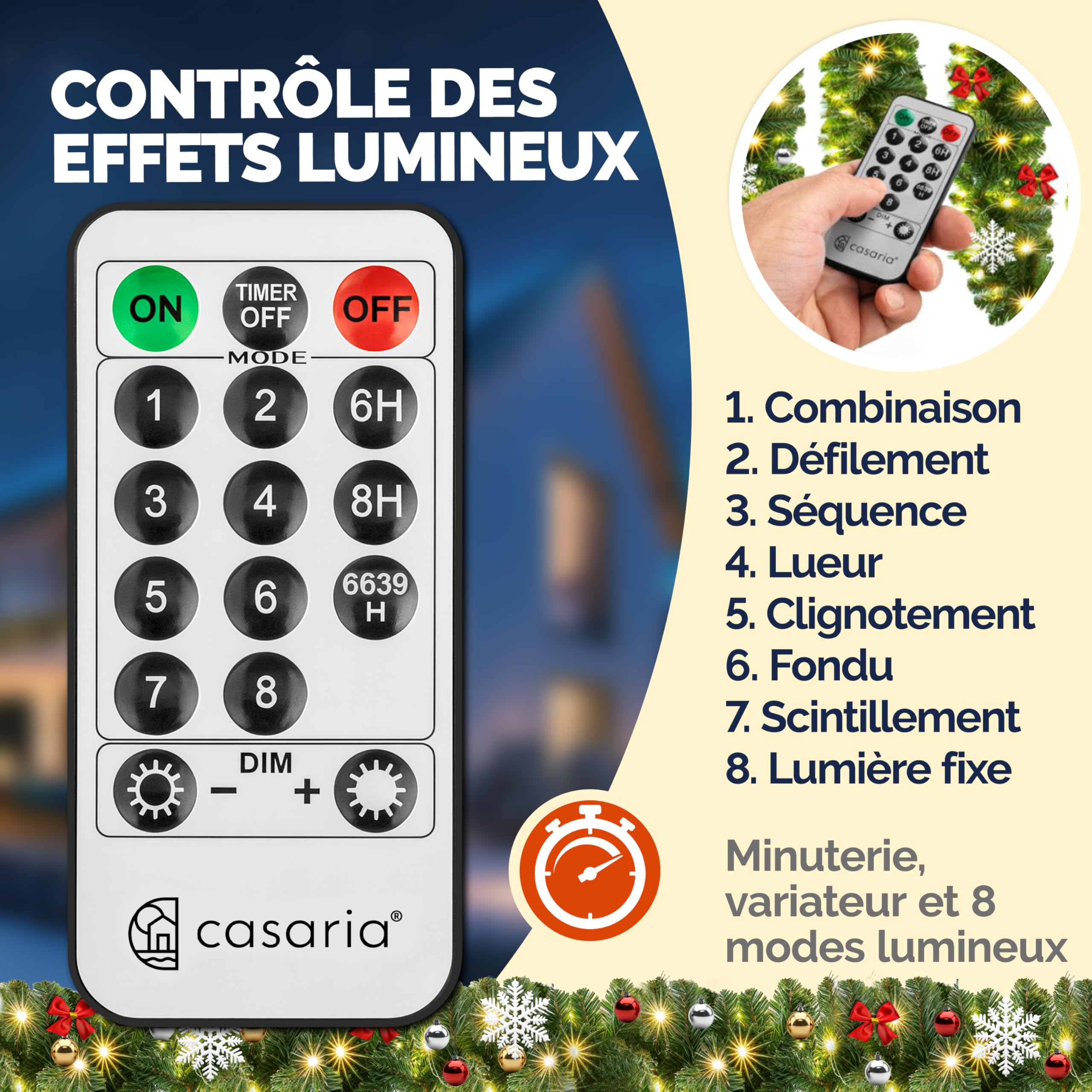 CASARIA® Guirlande de Noël Lumineuse avec déco 5m 80 LED Sapin Artificiel Télécommande Incluse Décoration de noël | lumière blanc chaud, télécommande, décoration noël, vert, sapin artificiel, résistant intempéries, décoration lumineuse, toit