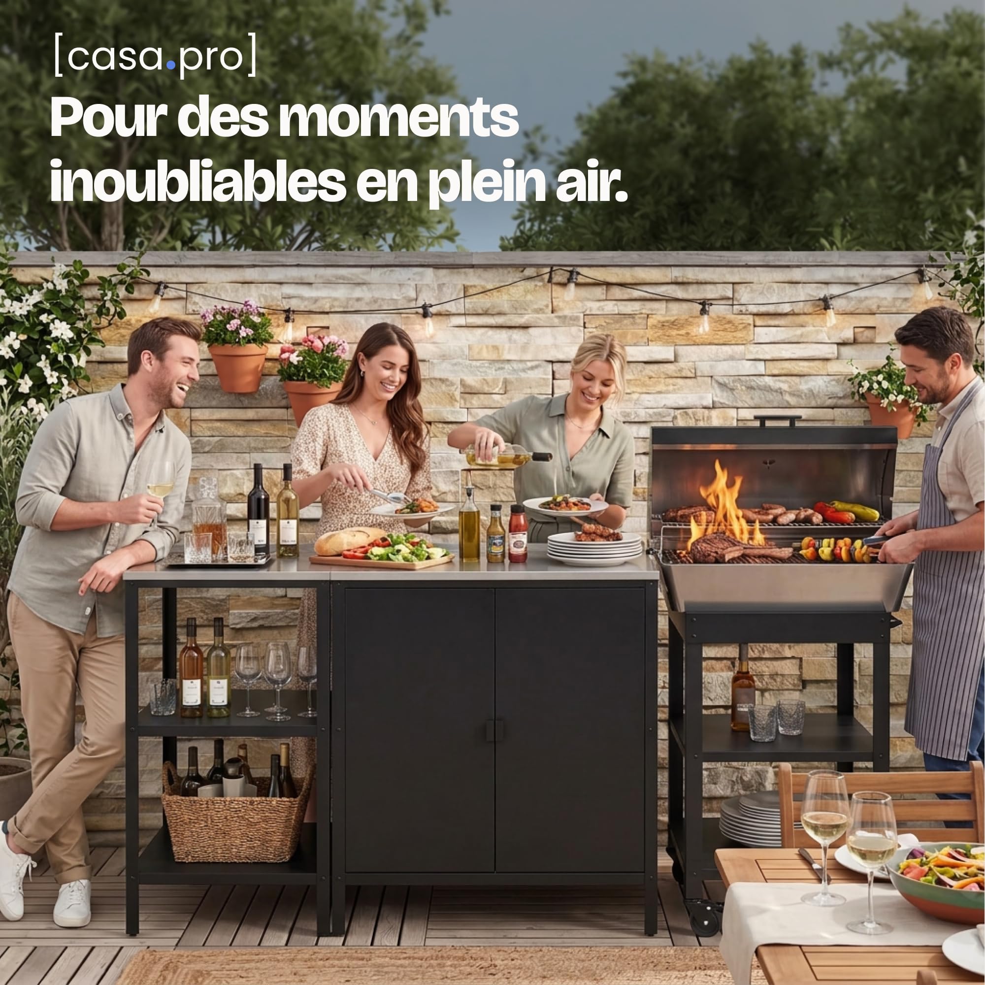 casa.pro Set de Meubles de Jardin Bolognano Étagère d'Extérieur et Armoire de Jardin Rangement pour Terrasse Balcon Garage Atelier Compartiments Ouverts et Fermés Acier Laqué Noir Mat et Argent