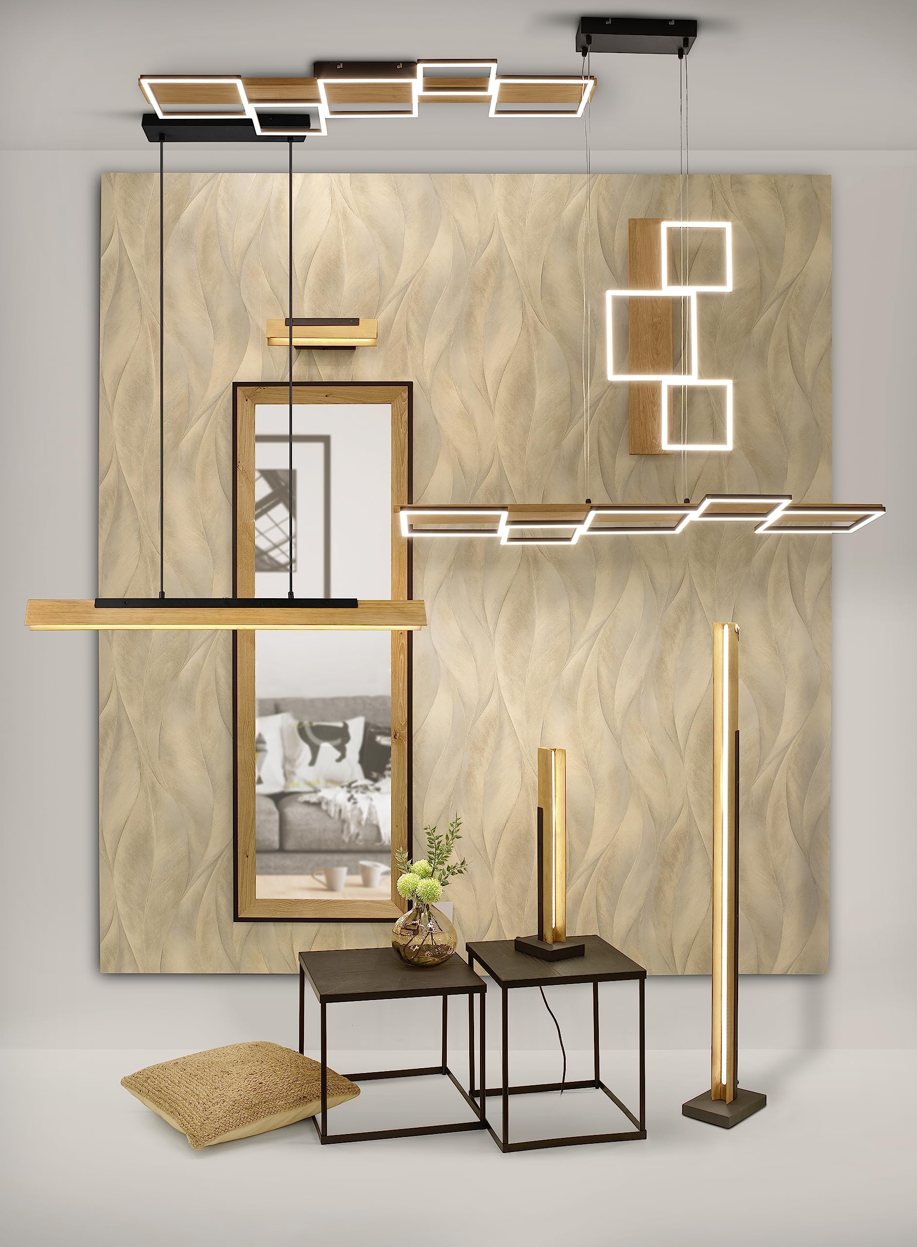 Trio Leuchten LED Pendelleuchte Kerala 341610132, Metall Schwarz matt, Holz naturbelassen, inkl. 25 Watt LED, Switch Dimmer