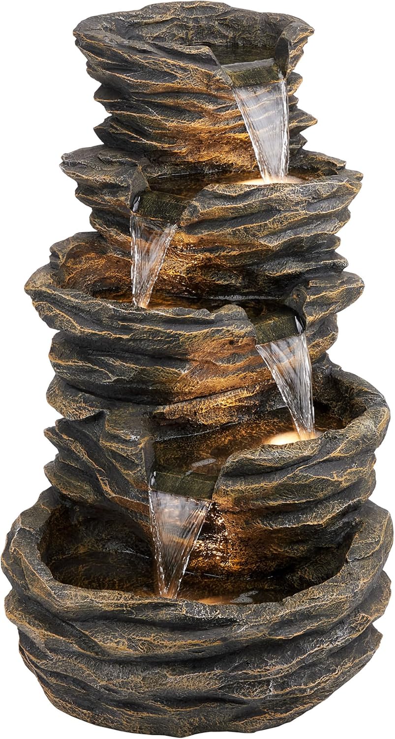 Alpine Corporation 39" Tall Outdoor 5 Tiered Natural Look Rock Water Floor Fountain with Replaceable Lights, Brown