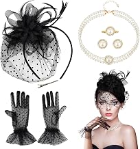 Fascinator for Women, 5 Piece Fascinator Hats Set, Vintage Hat Fascinator Black with Gloves Earrings Necklace for Wedding Cocktail Tea Party Saint