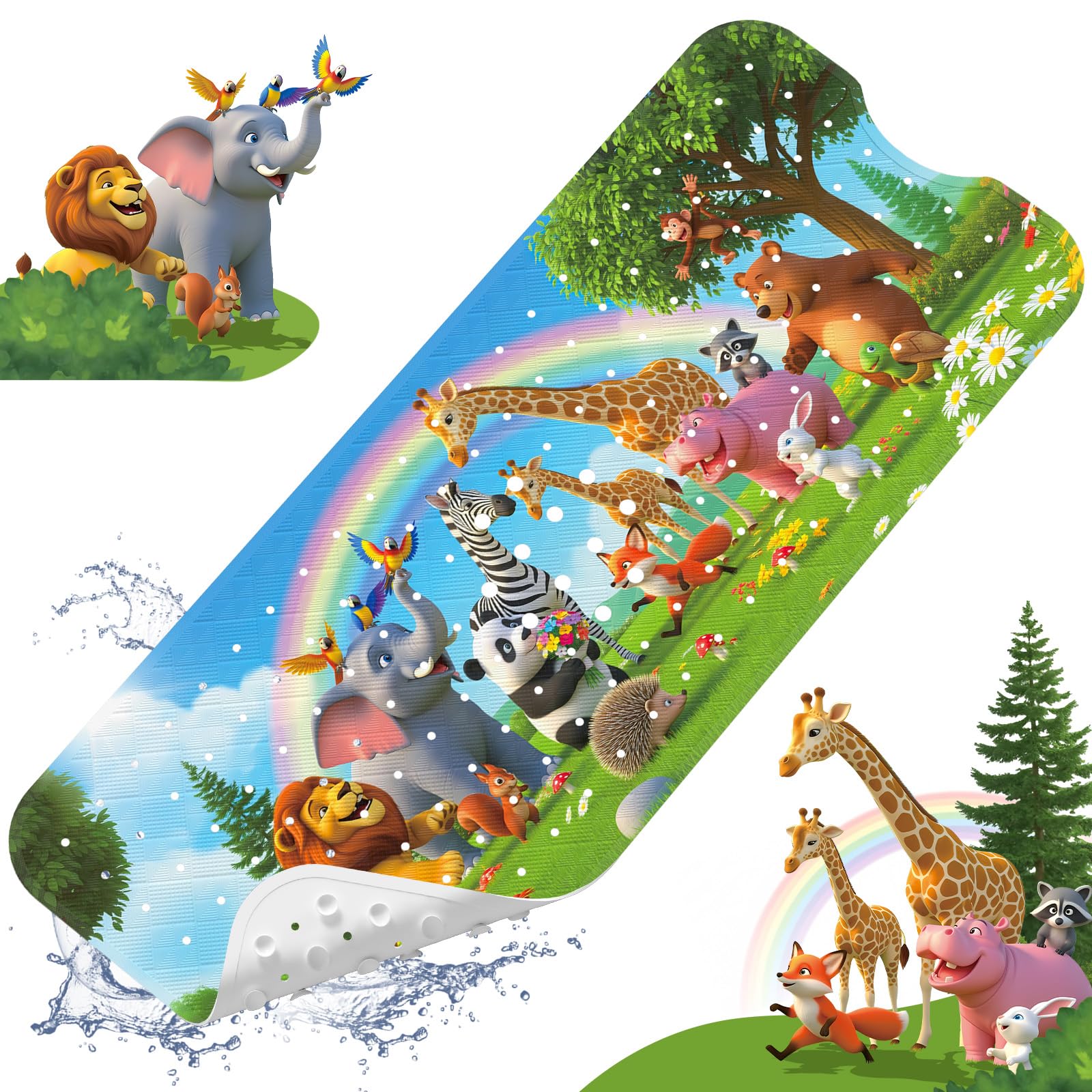 XIYUNTE Upgrade Baby Bath Mat Non Slip - 40"x16" Extra Long Kids Bath Mat for Tub Non Slip Bathtub Mat Eco-Friendly Toddler Bath Mats with Suction Cups, Machine Washable and No Fading, Animal Rainbow
