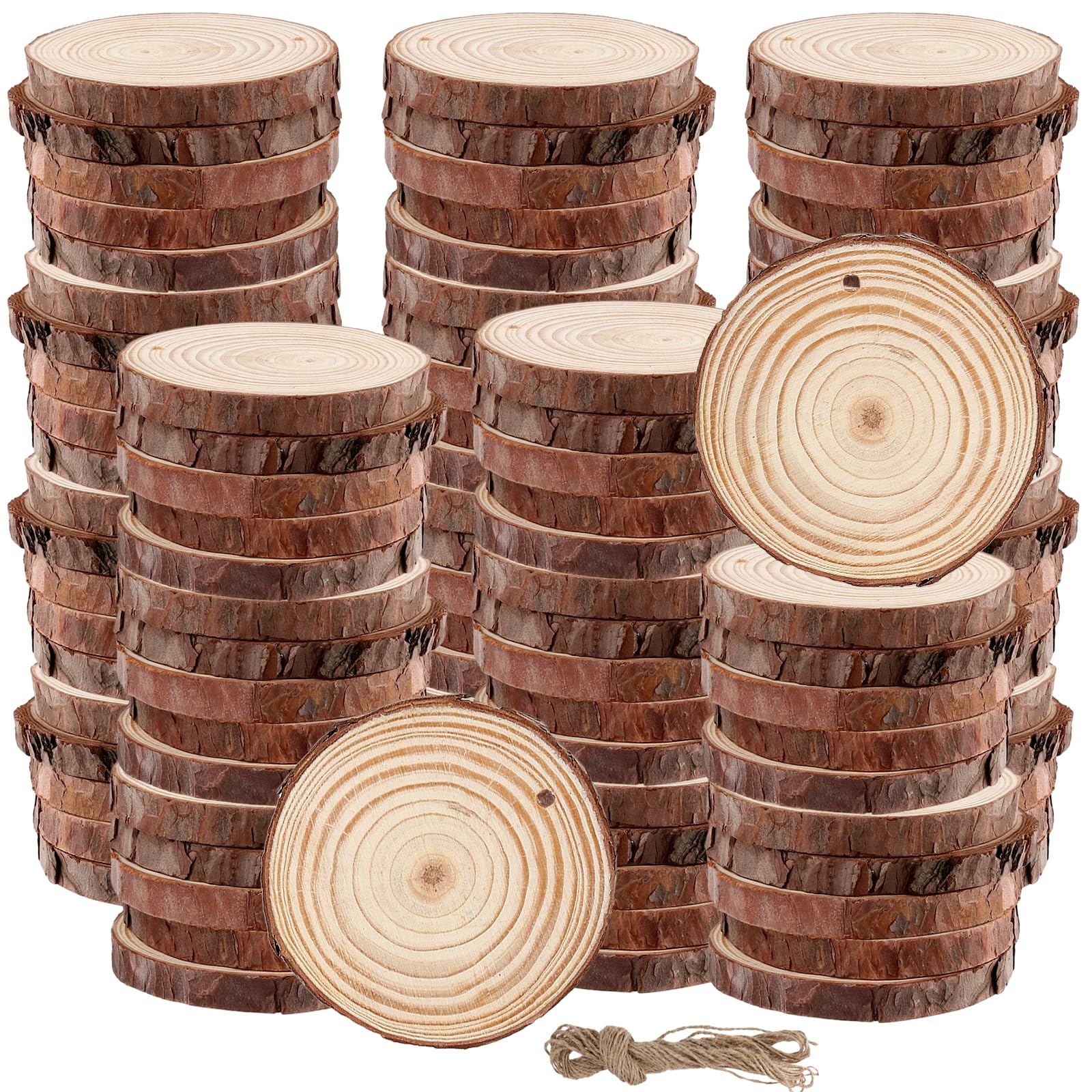 HEIHAK 100 PCS Wood Slices, 5-6cm Natural Wooden Circles Round Wood Slices with 4 Roll Natural Jute Twine for DIY Crafts Decoration, Christmas Ornaments, Wedding Centerpieces Decoration