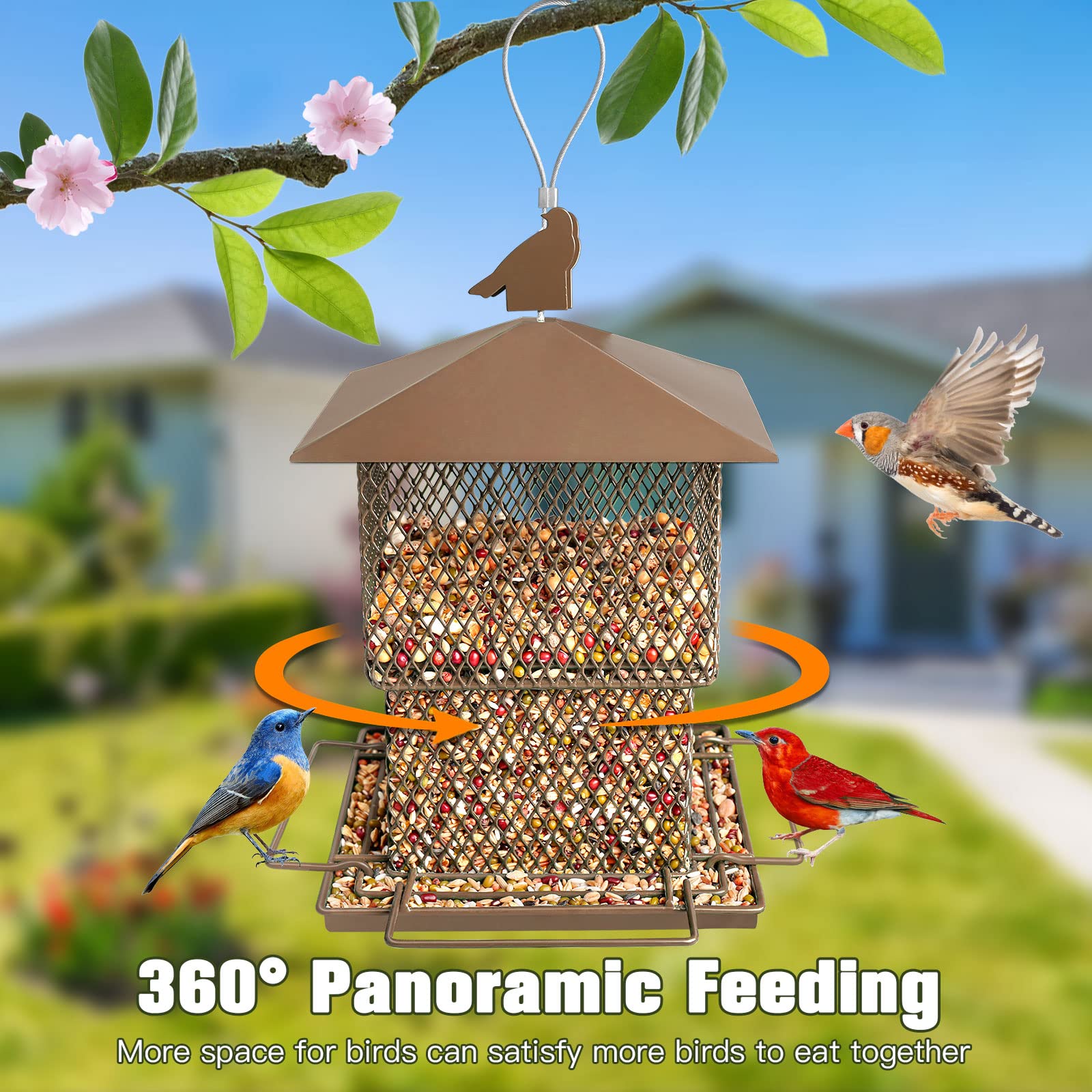 Bird Feeders for Outside Wild Birds, Metal Bird Feeder for Outdoors Hanging, Retractable 6.2 LB Seed Large Capacity Bird Feeders for Garden (Brown)