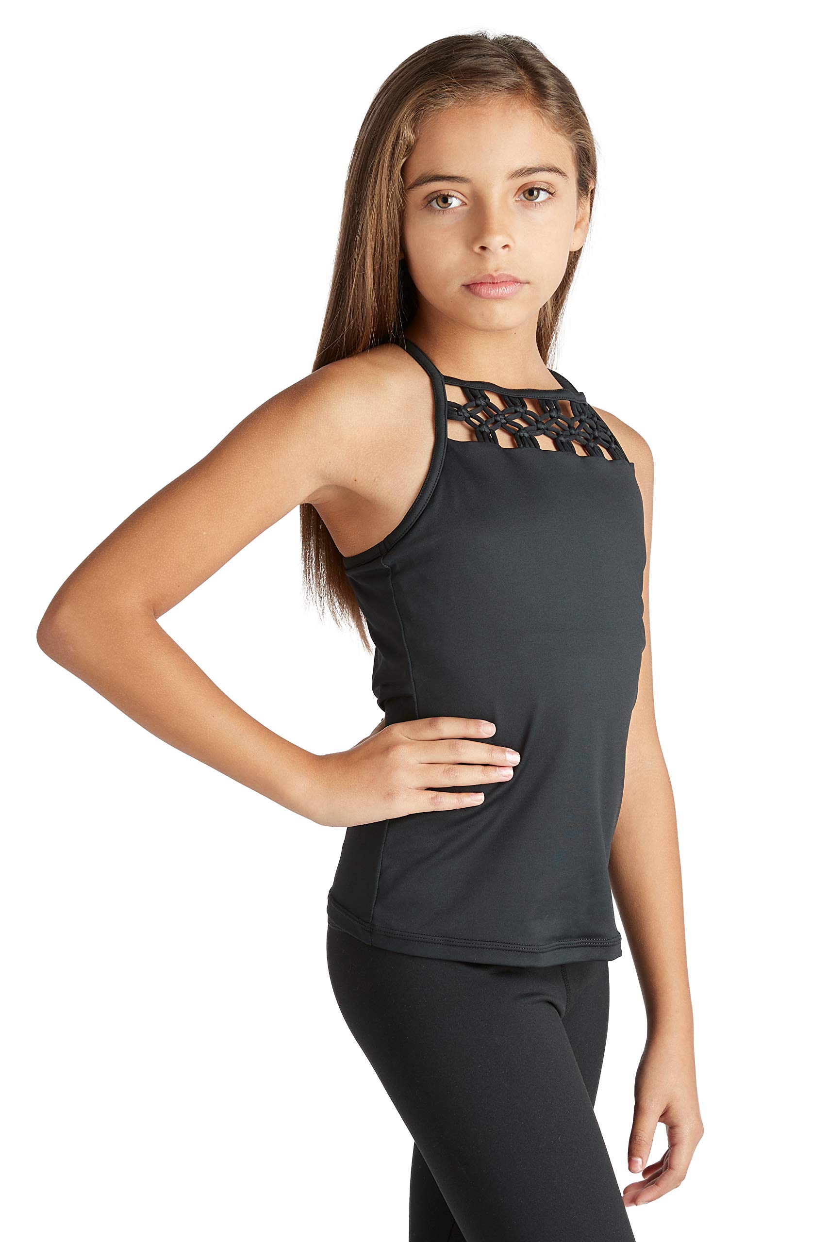Liakada Girls Prima Elegant Macremé Racerback Tank Top with Integrated Bra Shelf Liner Dance, Gym, Yoga, Cheer!