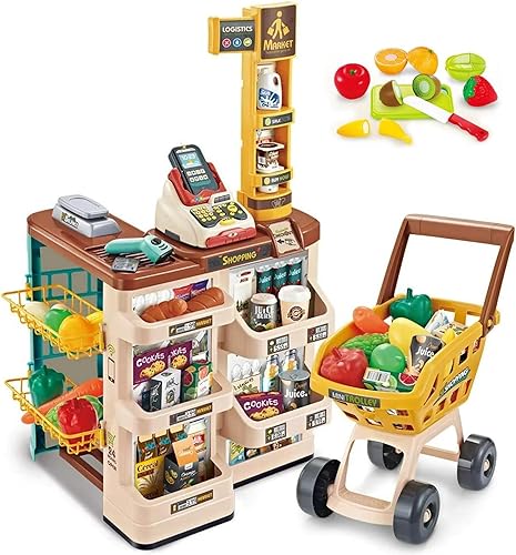 Juego de supermercado para niños, 49 piezas de tienda de comestibles con carrito de compras, caja registradora, escáner, frutas, verduras, botellas