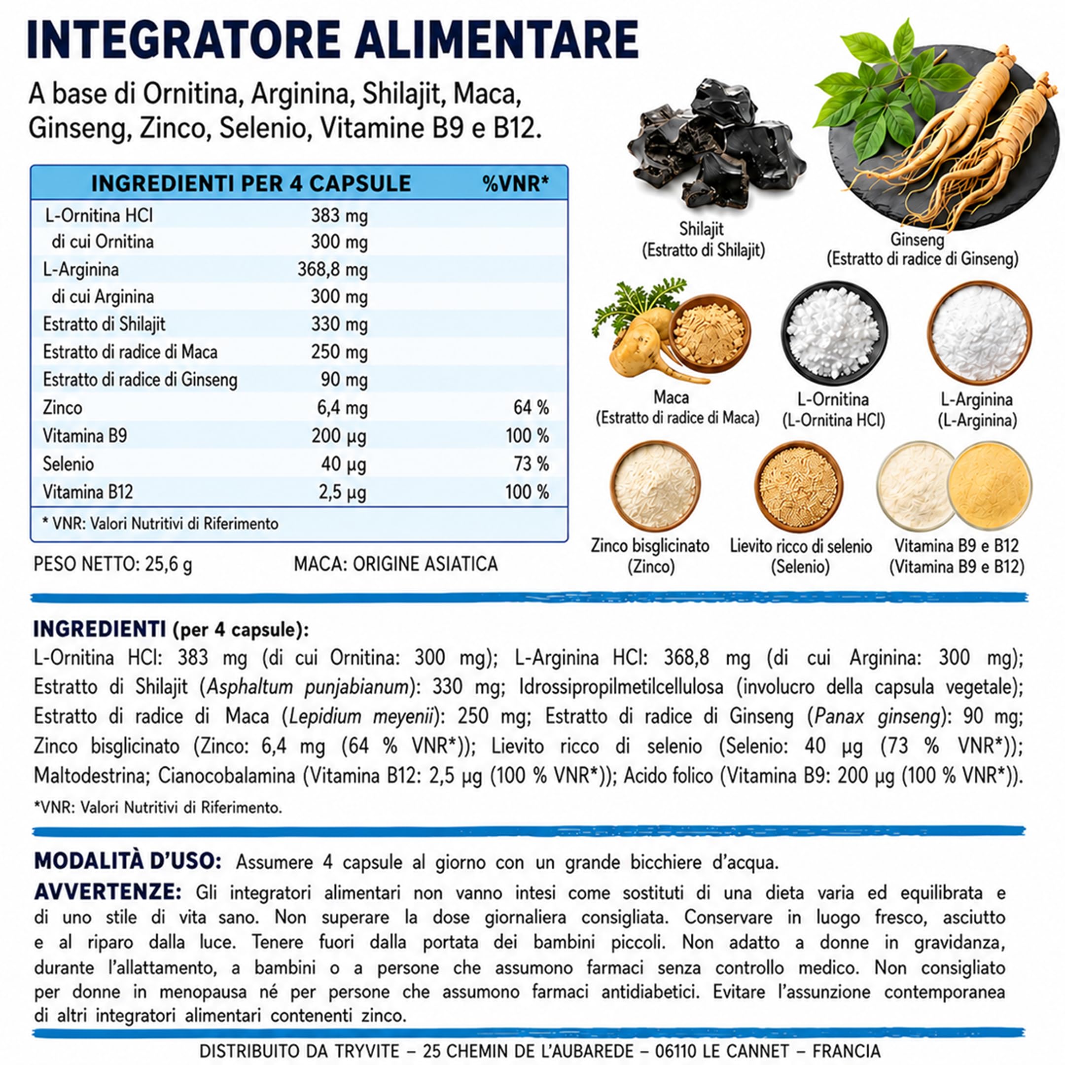 TRYVITE Per Uomini Attivi – Con Shilajit, L-Arginina, Maca, Ginseng e Zinco – 60 Capsule Vegetali