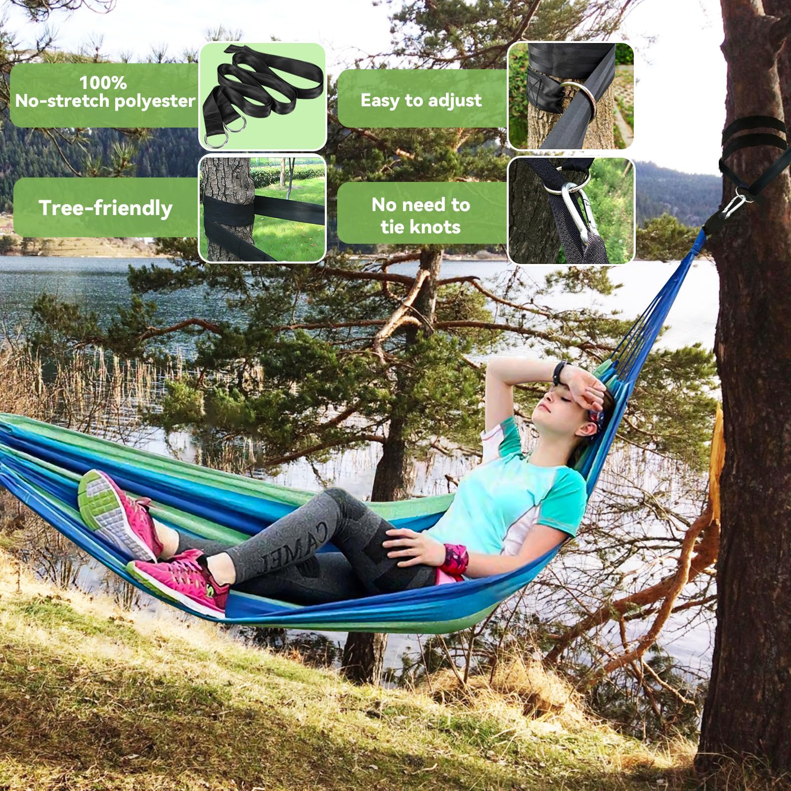 Amaca da Campeggio in Tela 300x150 cm, Capacità di Carico di 270 kg, Traspirante, Durevole Amaca Portatile con Borsa, 2 Moschettoni Premium, 2 Cintura di nylon, Per Esterno Giardino Spiaggia