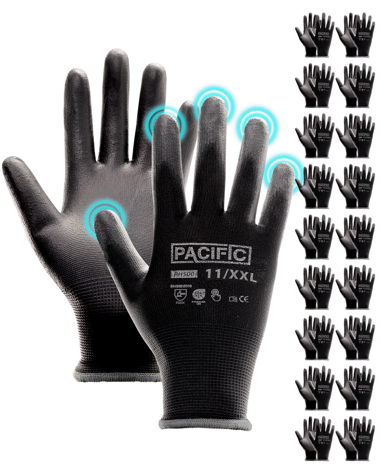 PACIFIC PPE 18 Pairs Work Gloves, PU Coated Seamless Knit Gloves, Touchscreen Safety Gloves with Grip, Ideal for General Duty Work, Men and Women, Black, XX-Large