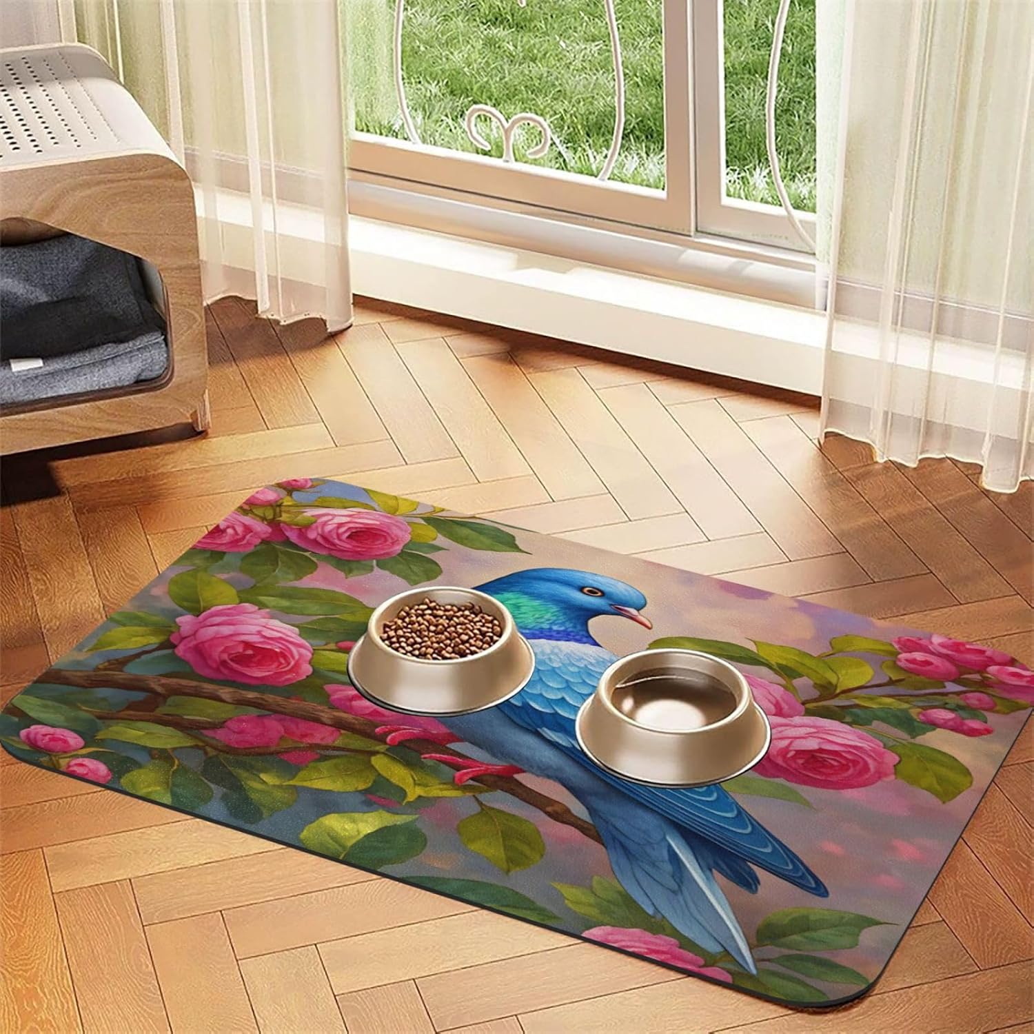 Pretty Pigeon Whith Flowers Dog Food Mat, Leather Pet Feeding Mat, Cat Mat for Food, Absorbent Pet Placemat for Indoor Outdoor Water Bowl 40x60cm