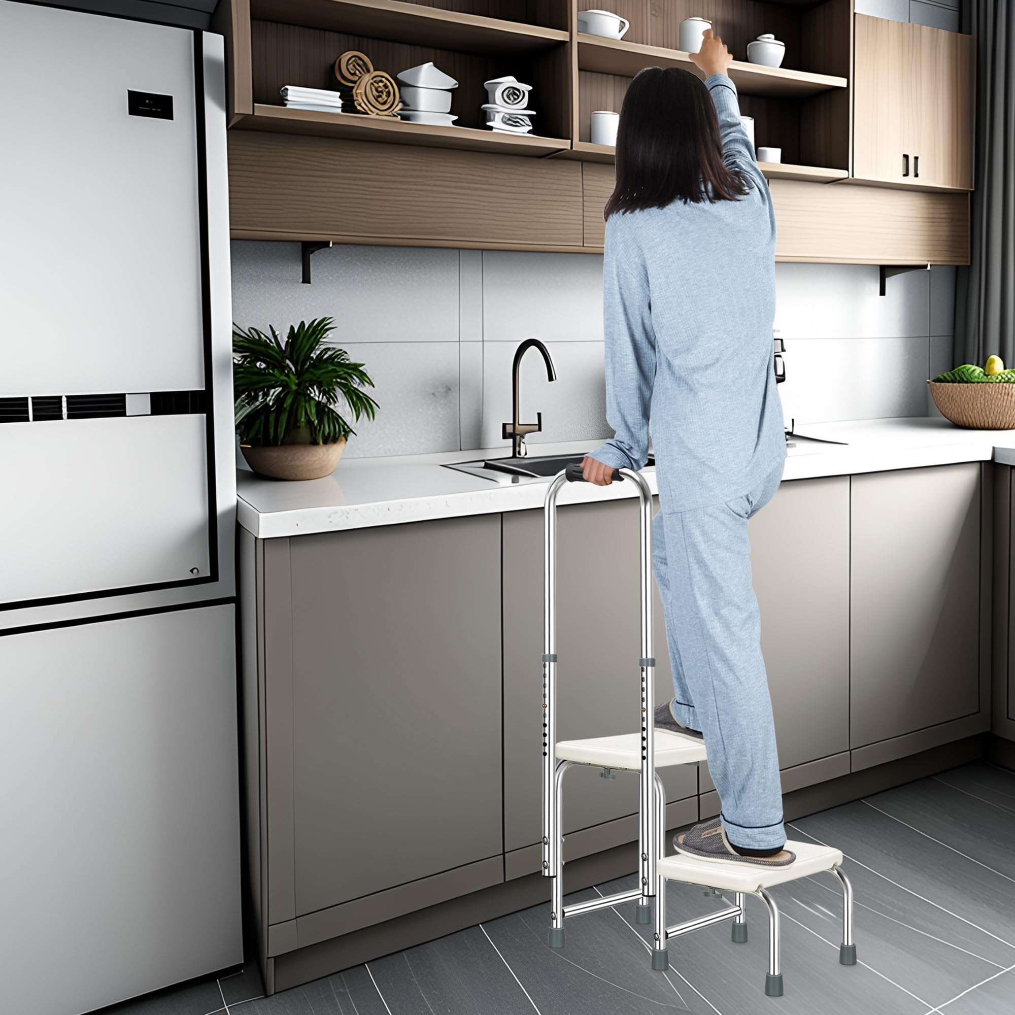 Gradino di sicurezza mobile per bagno per anziani, regolabile in altezza e antiscivolo, 2 gradini con maniglia,per gradini da bagno letti,veicoli e vasche da,cucina,peso 160 kg