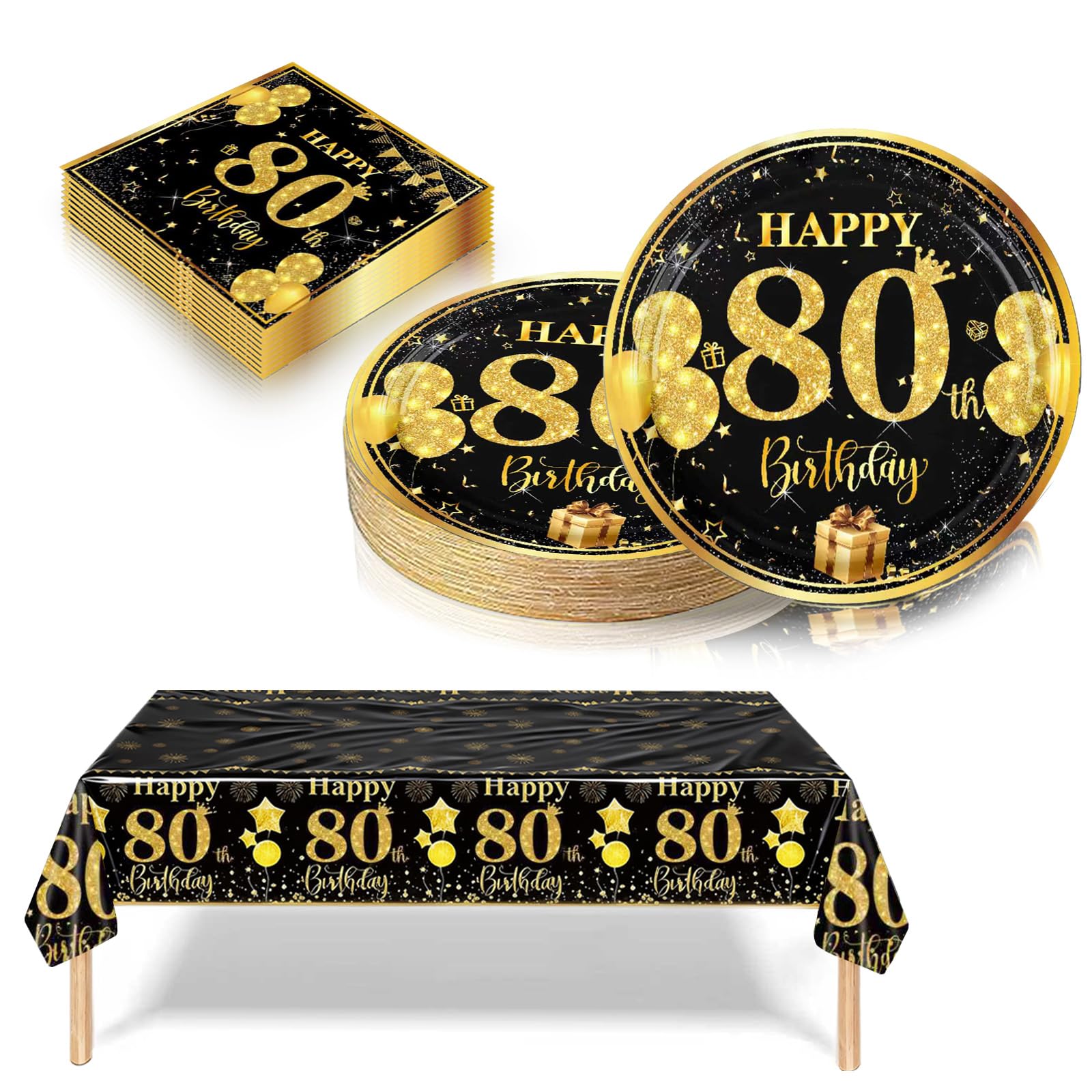 80th Birthday Decorations Black and Gold, 37Pcs Happy Birthday Party Tableware include Paper Plates and Napkins, Plastic Table Cloth for Man Women 80th Party Table Decorations (16 Guest)