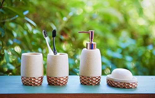 Miniatura 5 de Juego de accesorios de baño de oro rosa, juego de 4 accesorios de baño de piedra arenisca de lujo, soporte para cepillos de dientes, dispensador de