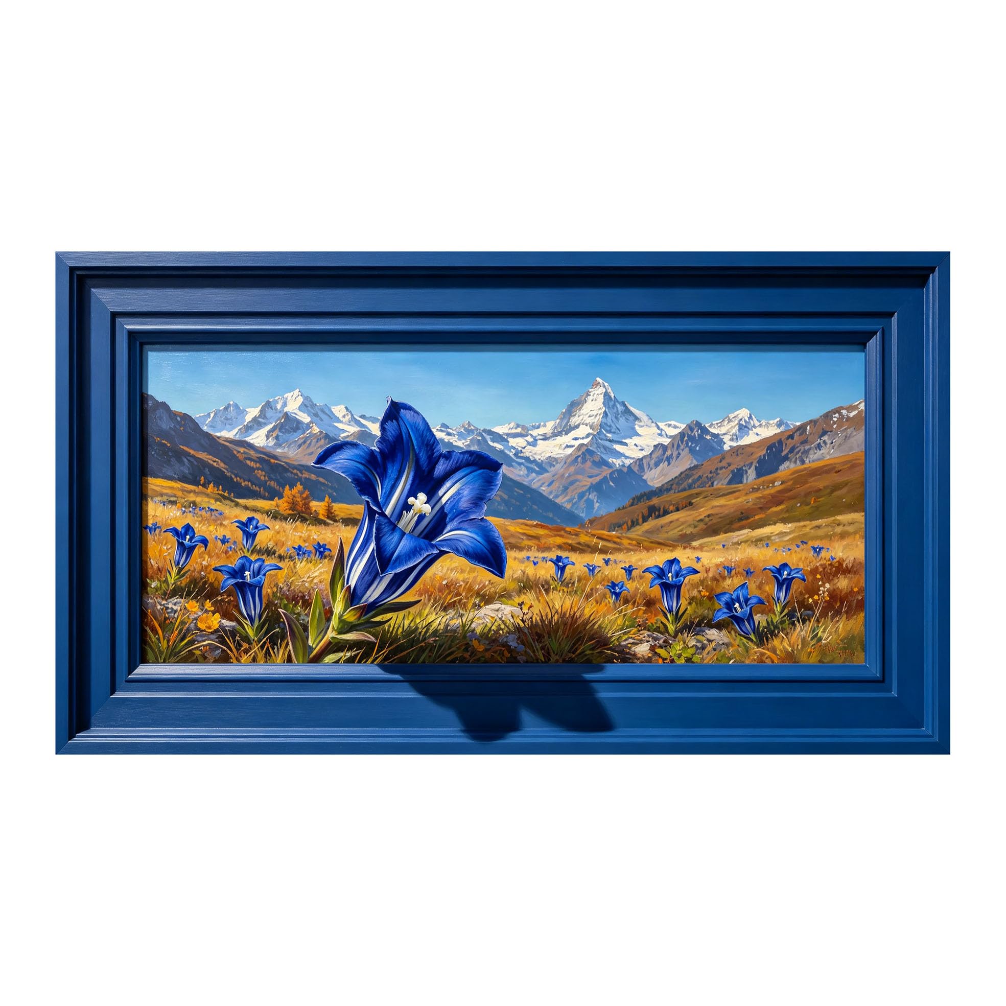 Yzpallescene 3D Framed Wall Art 50cm×100cm Alpine Mountain Meadow Blue Flower Panoramic Oil Painting Large Size SelfAdhesive Removable Wall Decor Prints Artwork for Living Room Bedroom Office