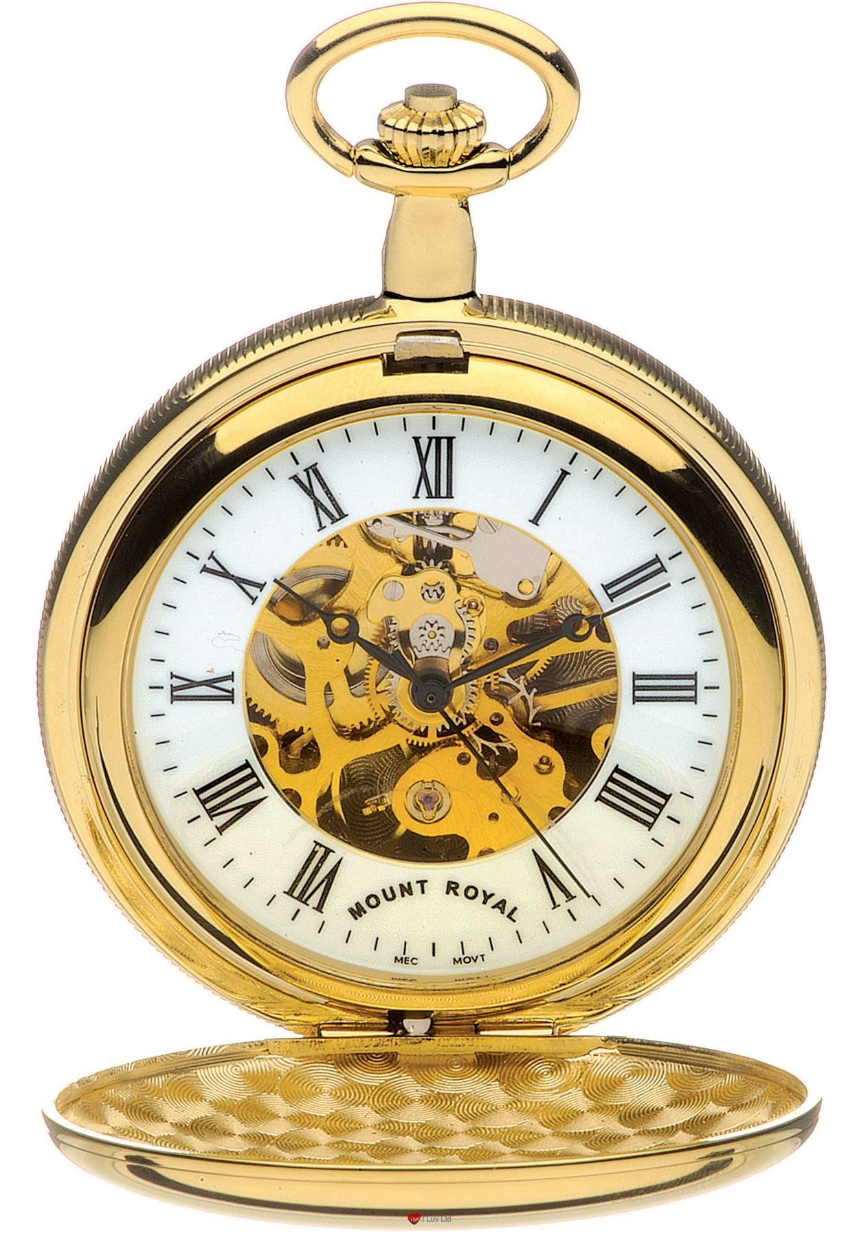 I LUV LTD Skeleton Full Double Hunter Pocket Watch Gold Plated Polished - 17 Jewel - Presentation Box