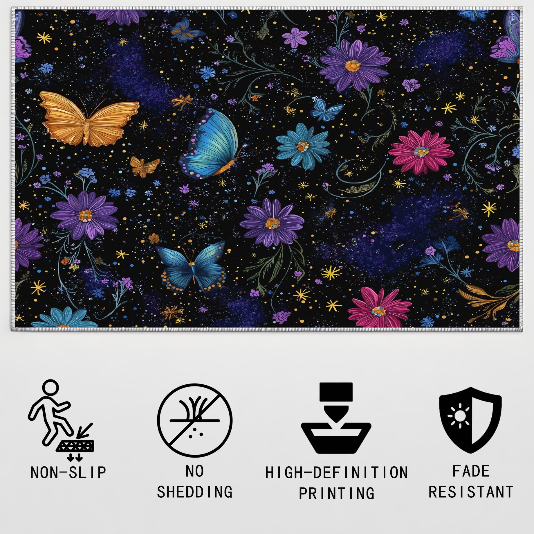 Générique Tapis De Salon Poils Ras Grand Fantaisie Espace Intérieur Antidérapant Tapis Imprimé Psychédélique Couleur Papillon Noir, Paillasson Confortablex Lavable 120 x 160 cm
