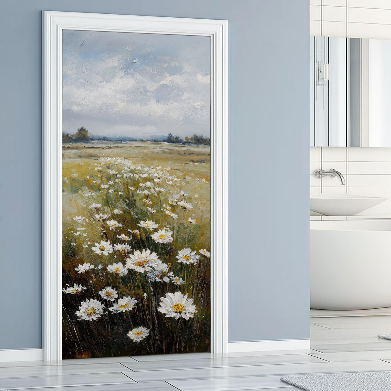 Malarstwo olejne styl naklejka na drzwi 95 x 215 cm, vintage pole kwiatowe, krajobraz PCW, samoprzylepny, plakat na drzwi, fototapeta, brązowo-zielona, wodoszczelna, winylowa, zdejmowana naklejka na
