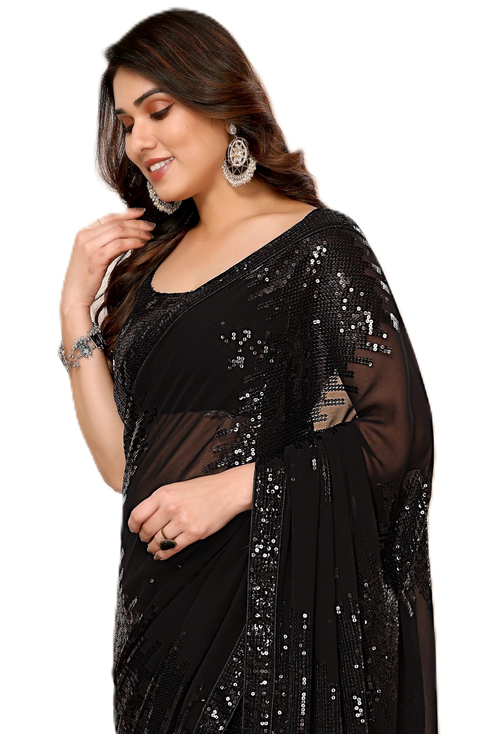 Ekasya Women Georgette with Sequence Ready to Wear Saree - Elegant Blush Design, Intricate Sequence Work, Perfect for Weddings, Parties, and Special Occasions, Stylish & Comfortable Fit
