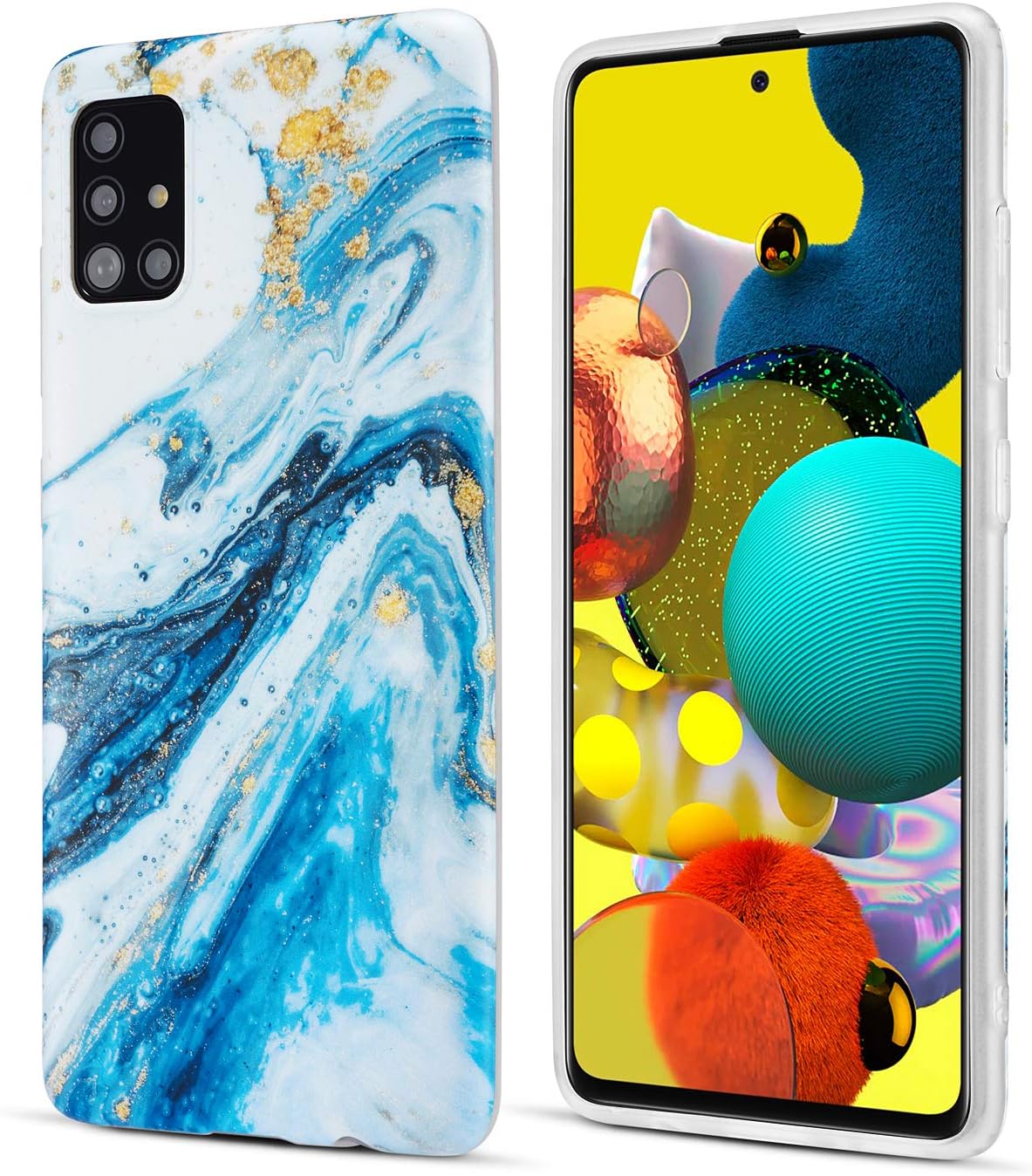 DEFBSC Samsung Galaxy A51 Marble Case, Blue and Gold Marble Design Clear Bumper Glossy TPU Silicon Rubber Soft Cover Anti-Scratch Protective Phone Case for Samsung Galaxy A51