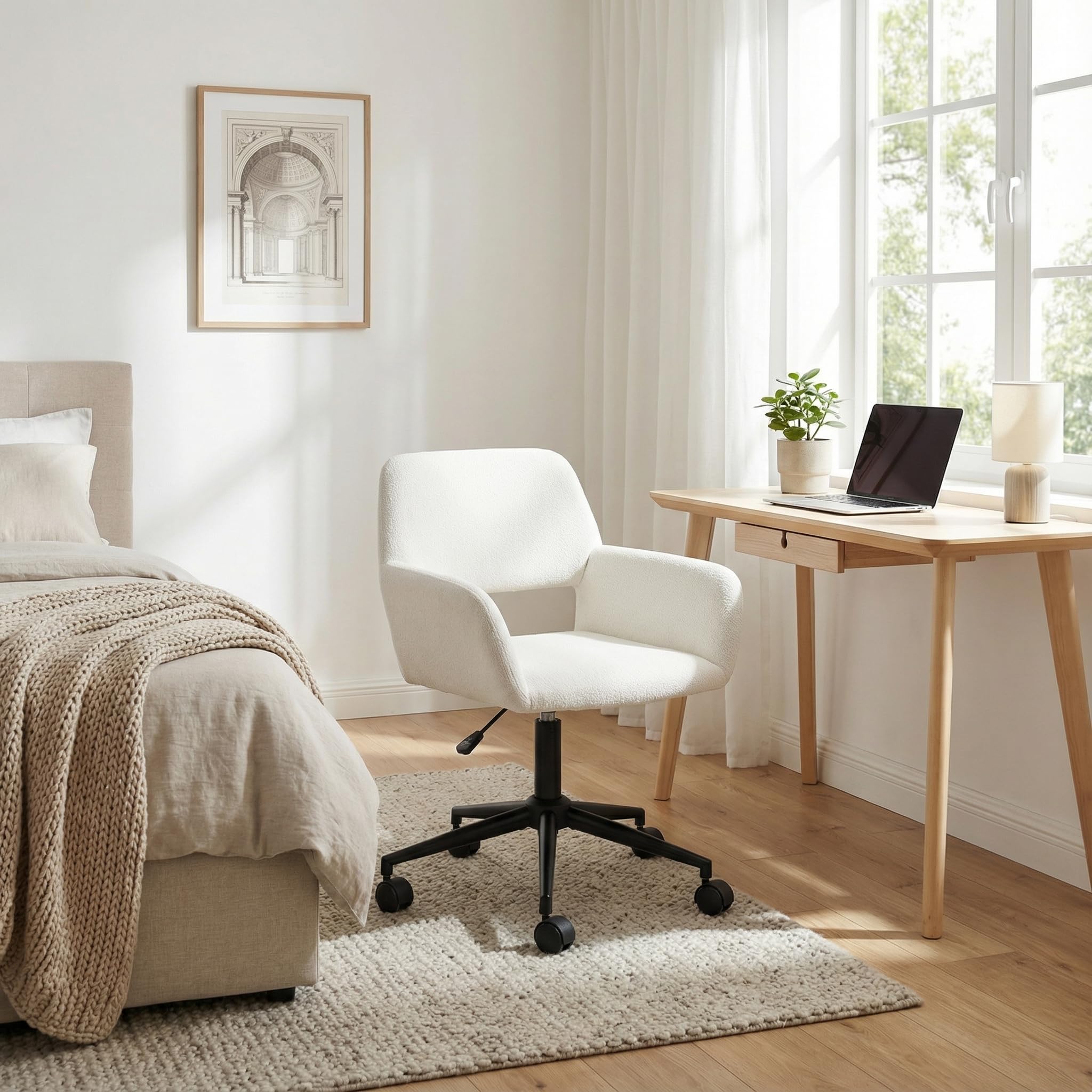 39F Furniture Dream Beige Modern Swivel Bedroom Chair With Armrests, Height Adjustable Fabric Chair, 56.5X57.5x76-86Cm