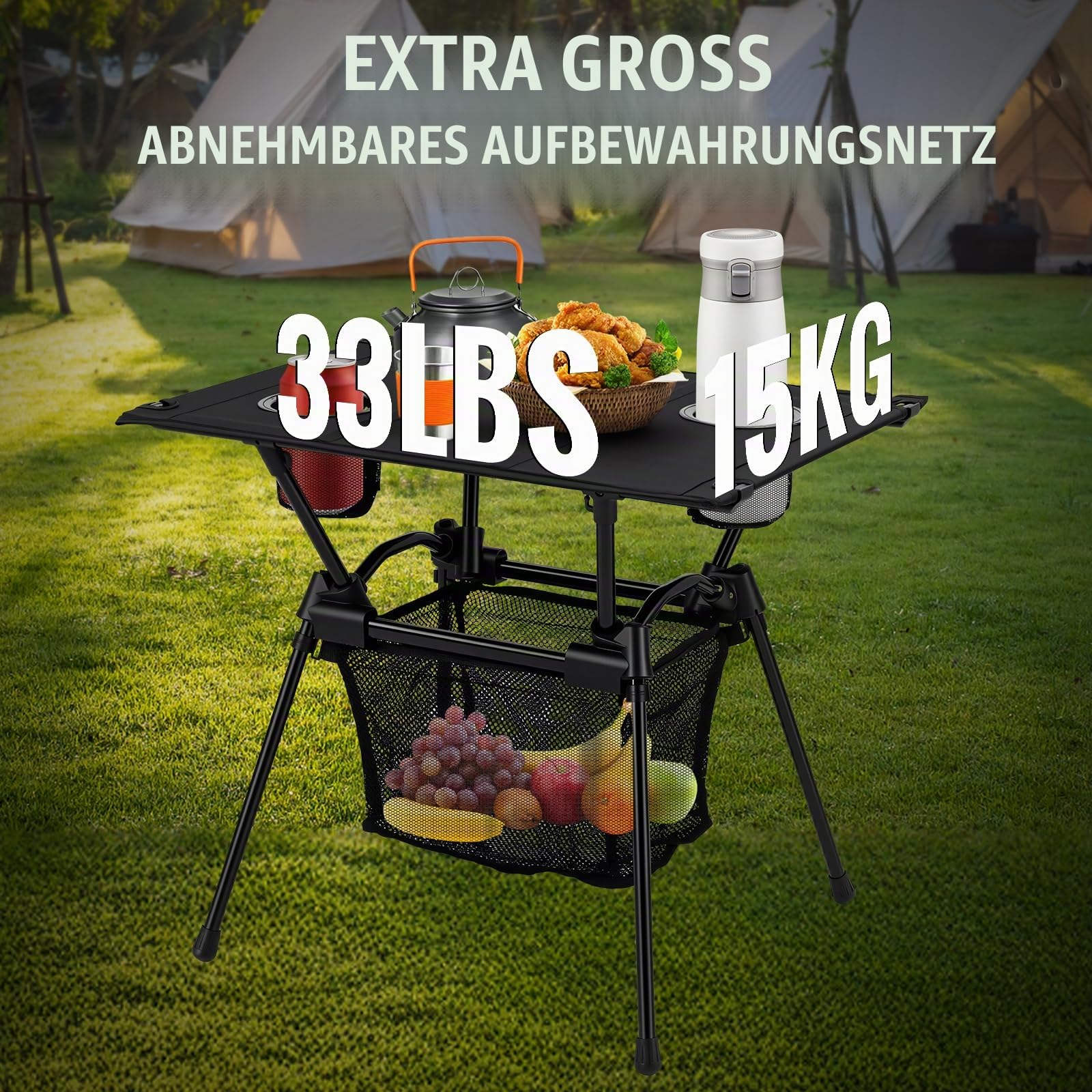 GARLLEN Campingtisch klappbar, 60x43x51cm Camping Tisch Klapptisch mit Getränkehalter, Netztasche & Tragetasche, Ultraleicht Gartentisch Picknicktisch Kleiner Tisch Outdoor für Strand Angeln Wandern