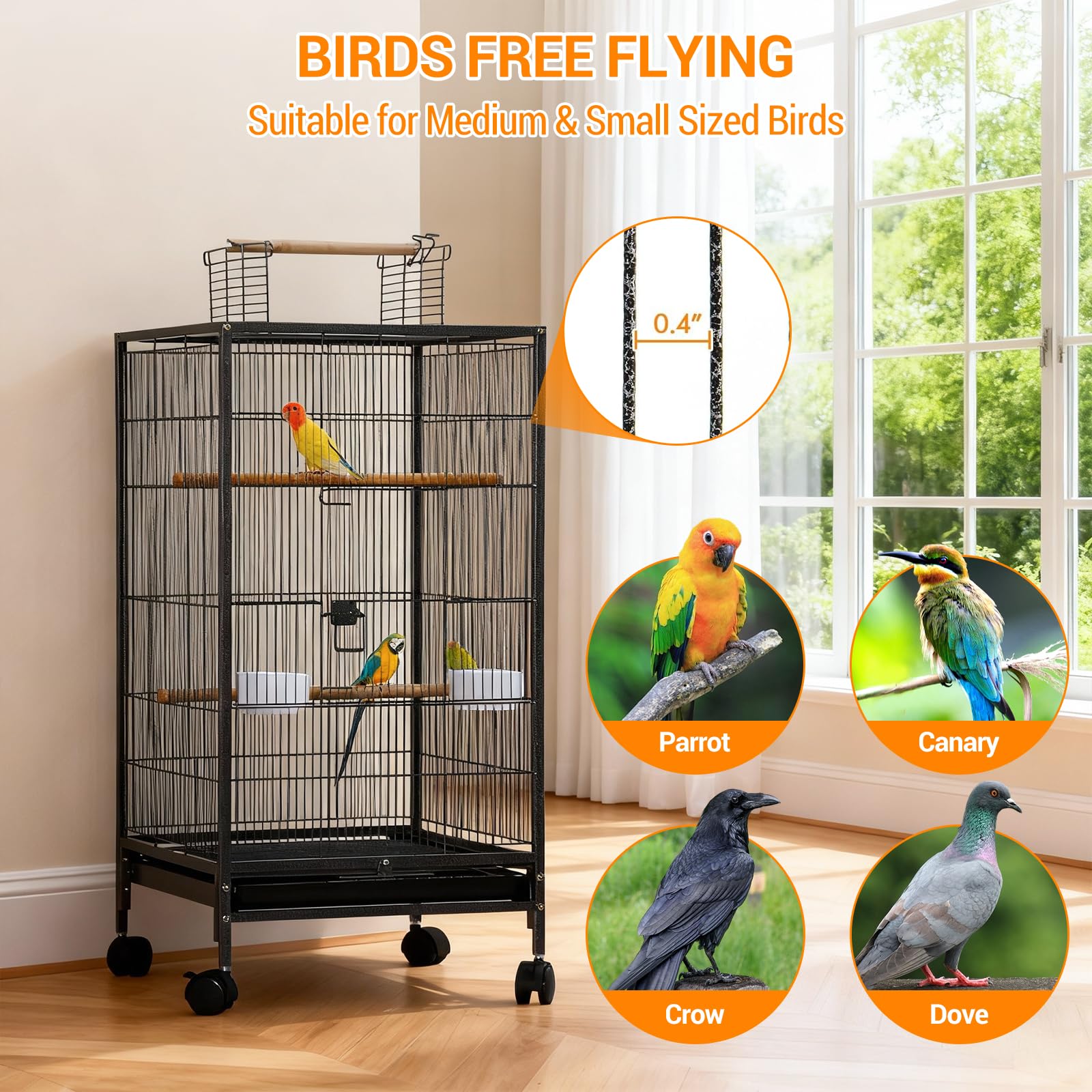 Vogelkäfig, 46 x 46 x 102 cm Großformat Vogelbauer mit Spieldach, Rollständer & Herausnehmbares tablett, Vogelvoliere mit 3 Sitzstangen, Futterstellen & Tränken für Wellensittiche Kanarien