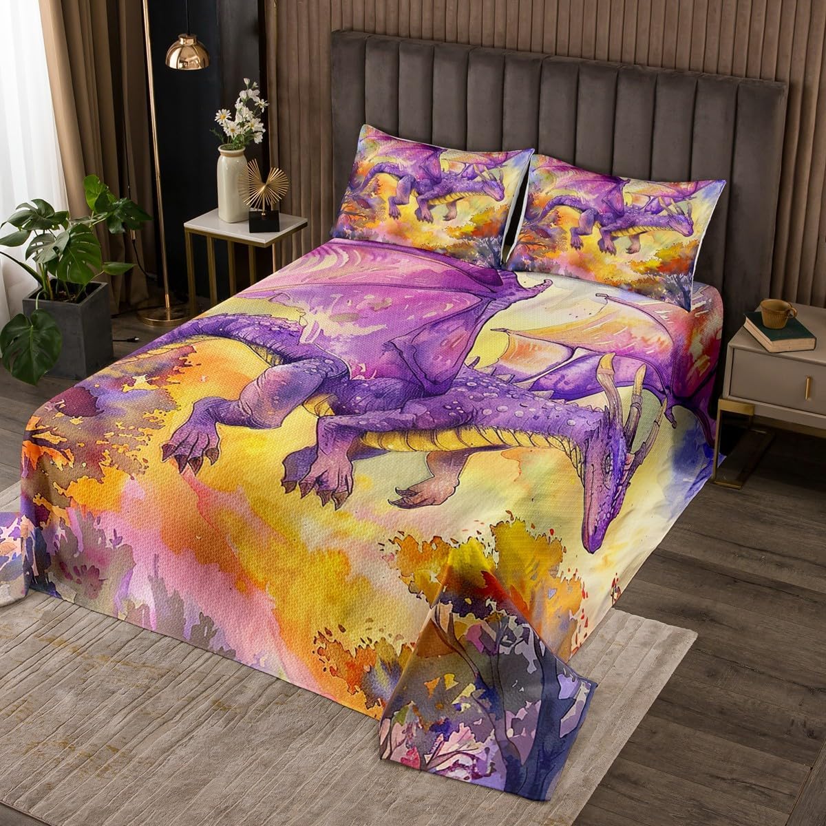 Homewish Purple Dragon Bedspread Twin Size,Cartoon Animal Bedding Set for Kids Boys Girls Room Decor,Watercolor Abstract Art Coverlet Set 2Pcs,Jungle Flying Dragon Wildlife Quilt,1 Pillowcase