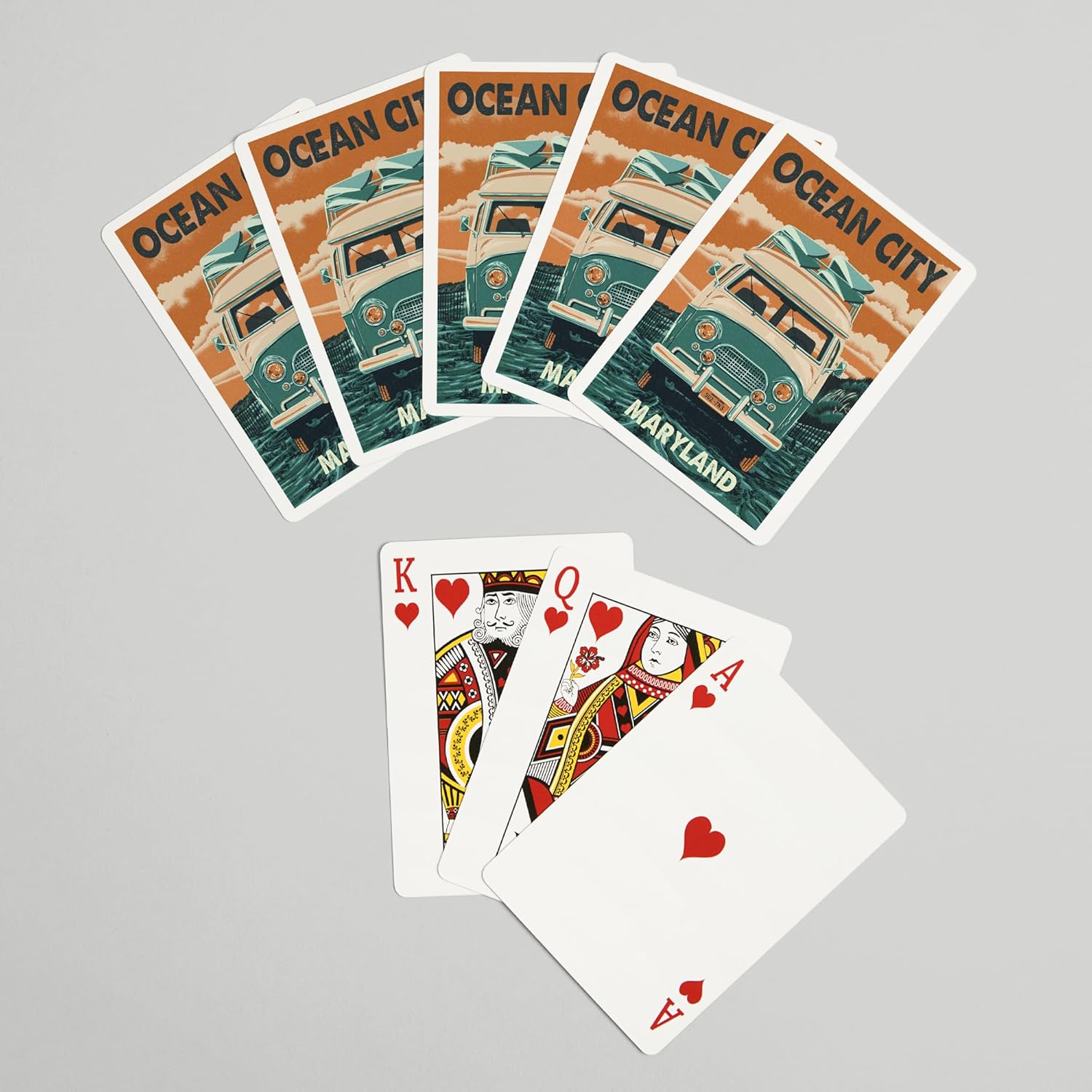 Ocean City, Maryland, Letterpress, Camper Van, Surfboard, 52 Playing Cards for Adults, Poker Size Card Deck