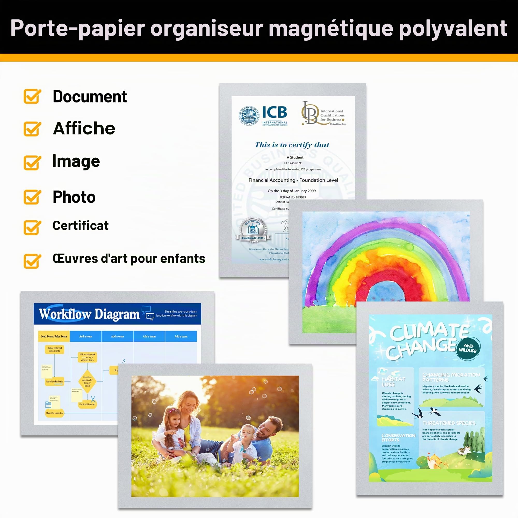 Lot de 20 porte-panneaux magnétiques A4 pour réfrigérateur, cadres d'affichage magnétiques pour tableaux blancs et surfaces métalliques, cadre photo, support pour papier documentaire, Argent